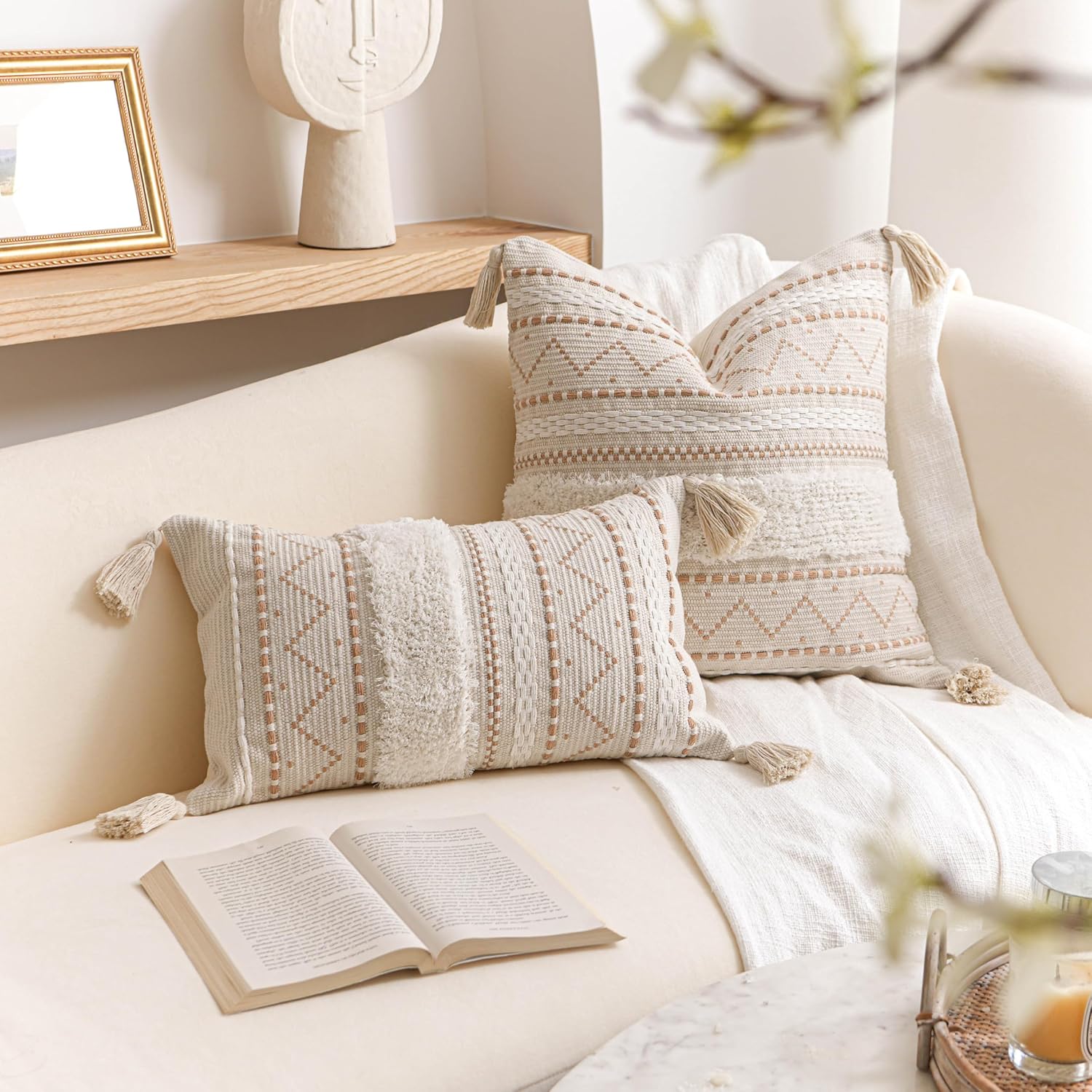 BlissBlush 12x20 Lumbar Pillow Cover, Cream Neutral Beige Rectangular Decorative Cushion Cover, Boho Accent Pillowcase with Tufted…