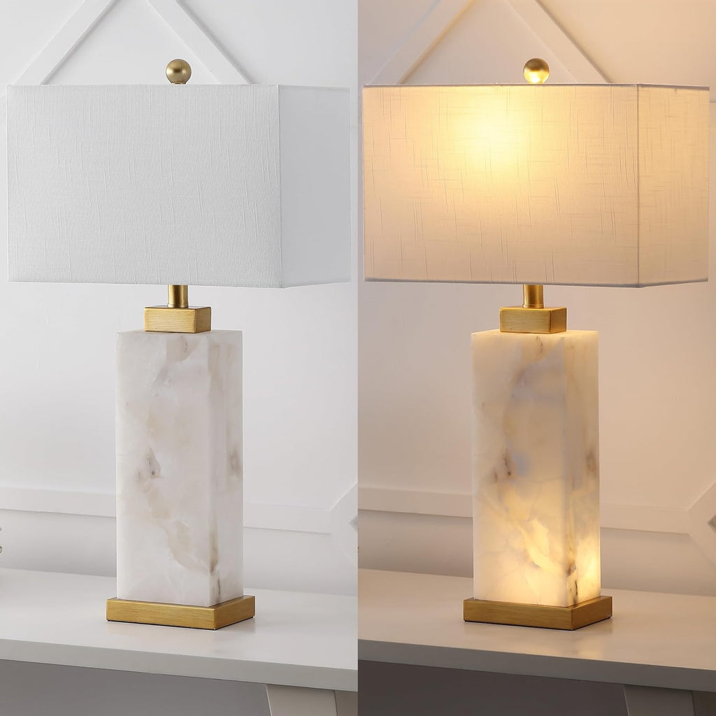 JONATHAN Y 27.5" White/Gold Modern Alabaster Rectangular Table Lamp with Night Light Contemporary Coastal Bedside Lamp for Bedroom with…