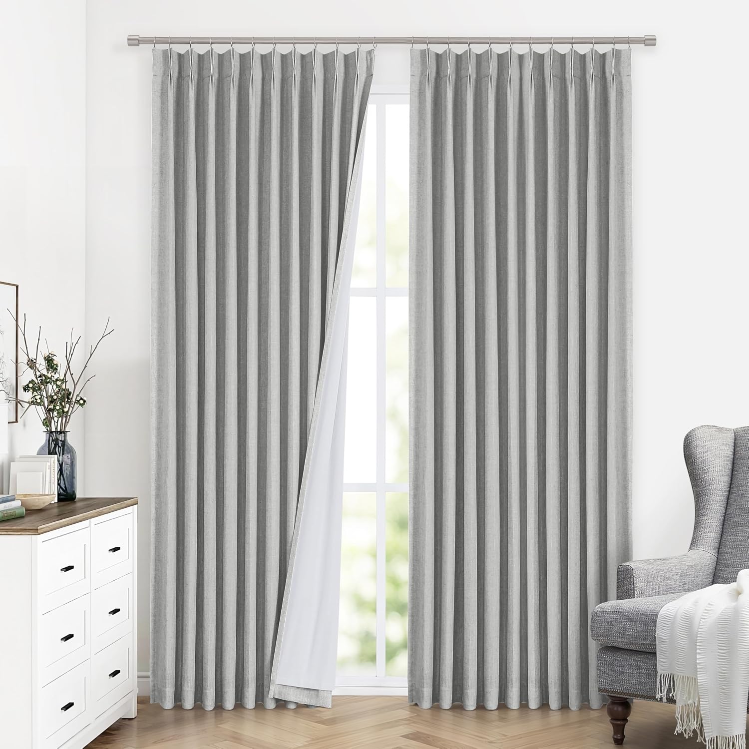 VisionHome Vision Home Light Gray Pinch Pleated Full Blackout Curtains Linen Blended 60" Wide Thermal Insulated Window Panels 95 inch for B…