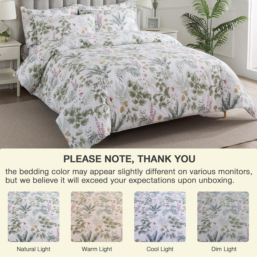 Puralens Tropical Pink Floral Percale Duvet Cover, Queen Green Palm Leaf Reversible Zipper Duvet Cover Set with Ties, Yellow Daisy 100% Cot…