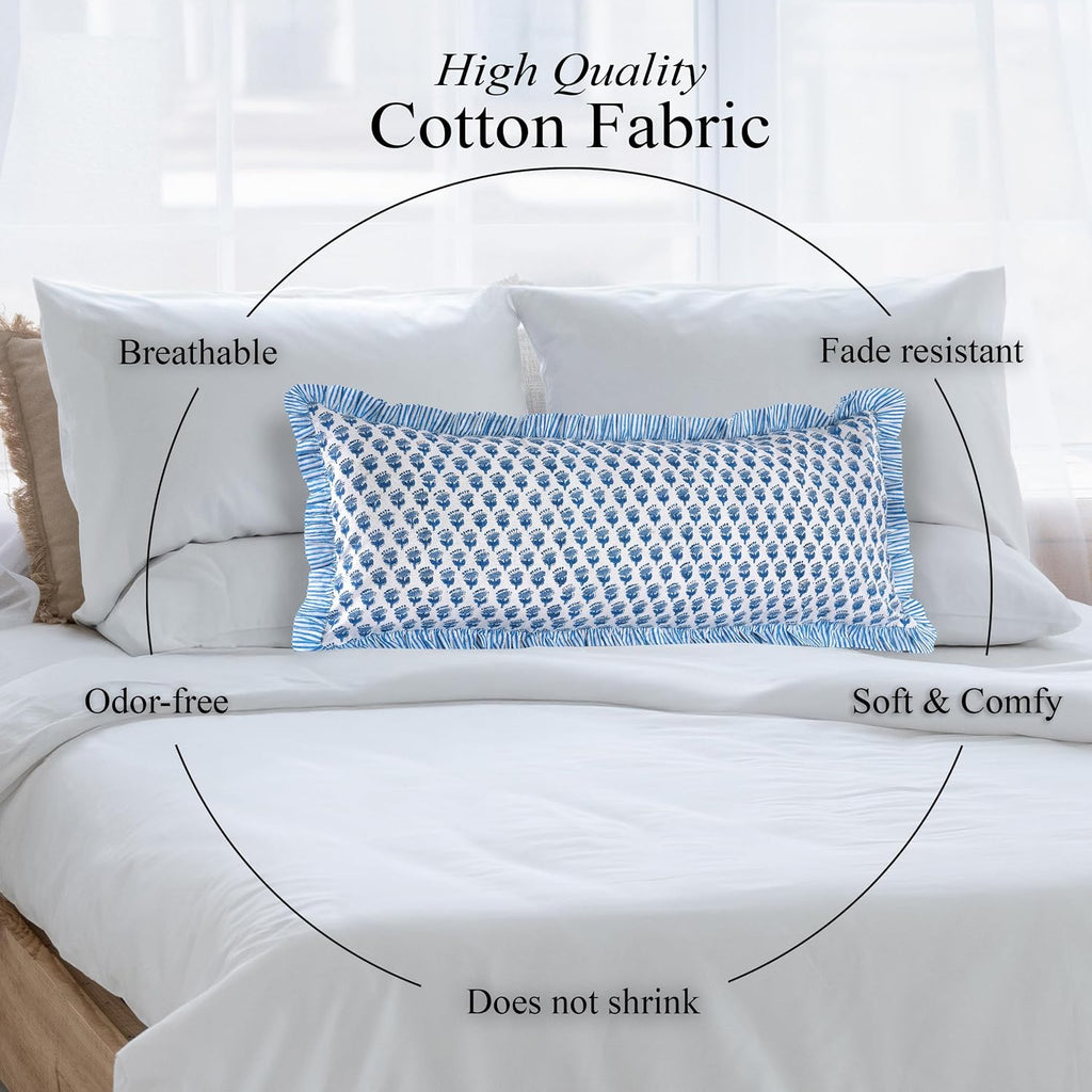Cottonprintclub CPC Hand Block Print Apatite Blue Ruffle Sham Pillow Cover 36" x 14" inch Hidden Zipper Decorative Pillowcase for Couch, Be…