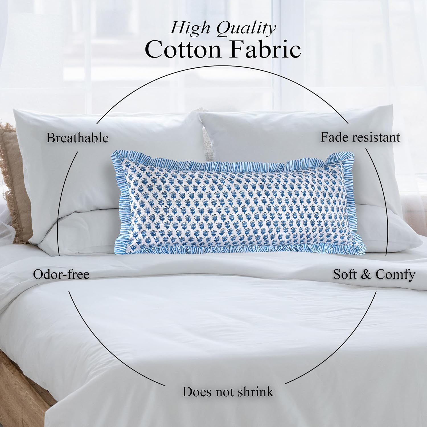 Cottonprintclub CPC Hand Block Print Apatite Blue Ruffle Sham Pillow Cover 36" x 14" inch Hidden Zipper Decorative Pillowcase for Couch, Be…