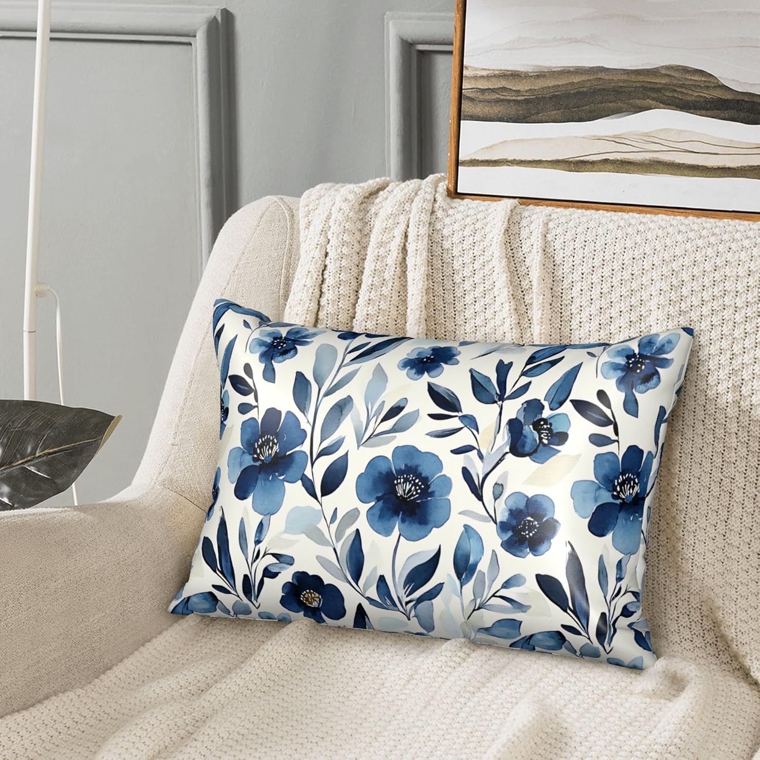 Satin Pillowcase for Hair and Skin Watercolor Blue Flowers and Leaves Super Soft and Cooling Similar to Silk Pillow Case 1 Pack with…