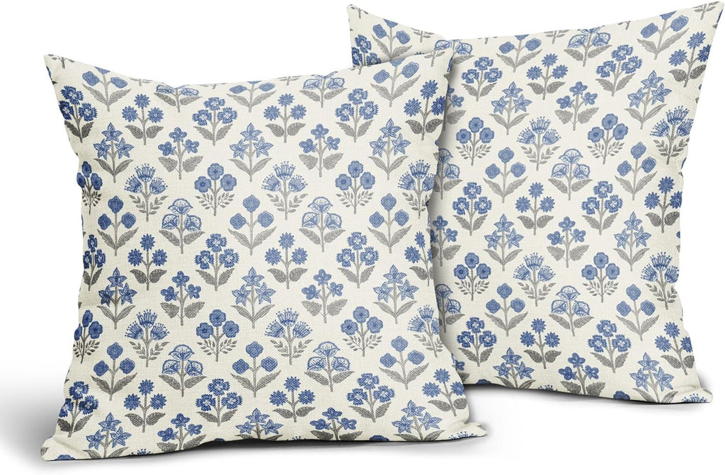 Blue Grey Gray Floral Pillow Covers 22x22 Inch Set of 2, Vintage Flower Block Print Pattern Decorative Throw Pillowcases Outdoor…
