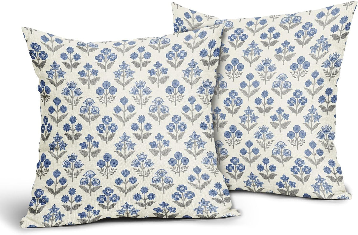Blue Grey Gray Floral Pillow Covers 24x24 Inch Set of 2, Vintage Flower Block Print Pattern Decorative Throw Pillowcases Outdoor…