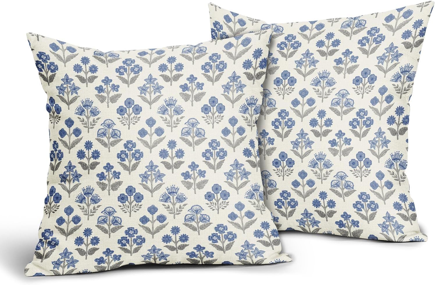 Blue Grey Gray Floral Block Print Pillow Covers 20x20 Inch Set of 2, Vintage Flower Pattern Decorative Throw Pillowcases Outdoor…