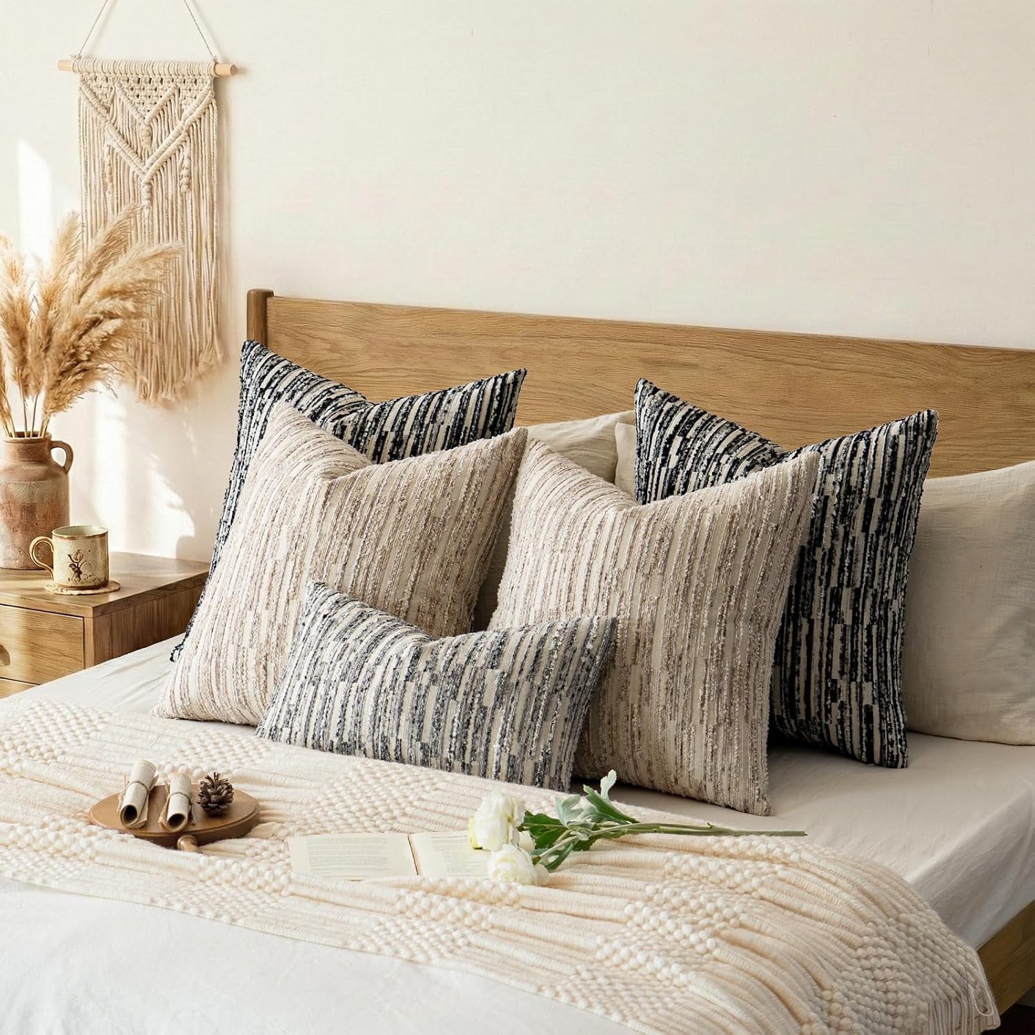 amoment a moment Boho Throw Pillow Covers Set of 2, Striped Decorative Rustic Farmhouse Pillow Cases, Aesthetic Modern Home Decor Couch Cushi…