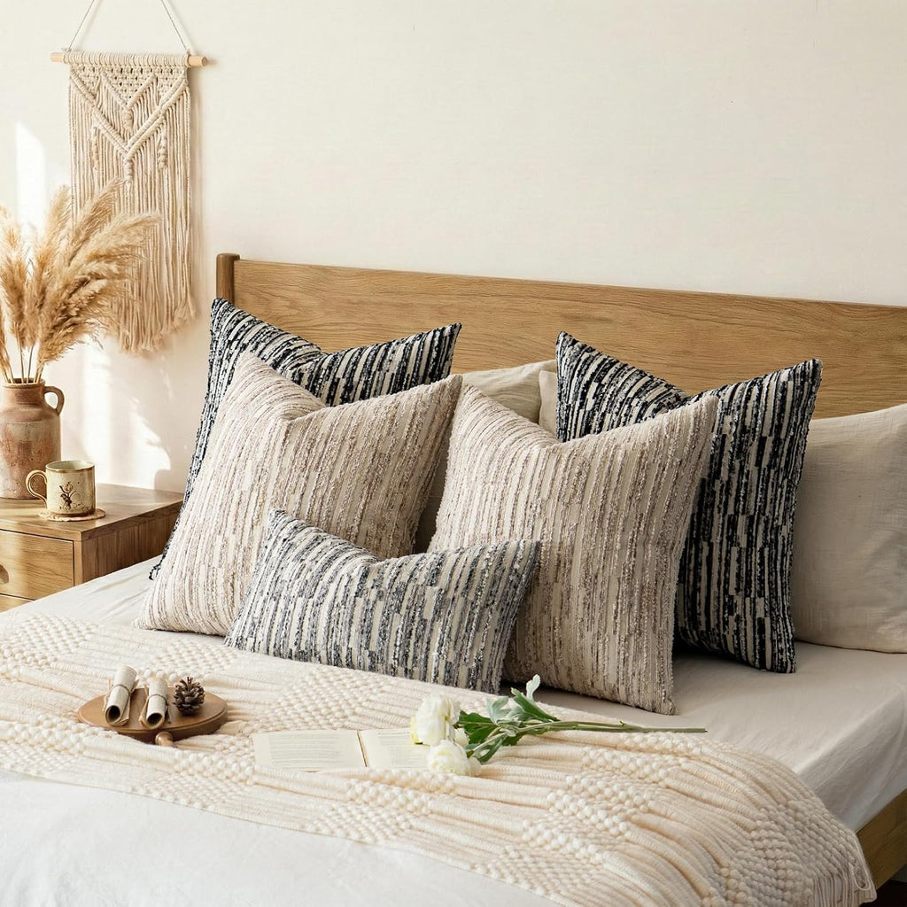 amoment a moment Boho Throw Pillow Covers Set of 2, Striped Decorative Rustic Farmhouse Pillow Cases, Aesthetic Modern Home Decor Couch Cushi…