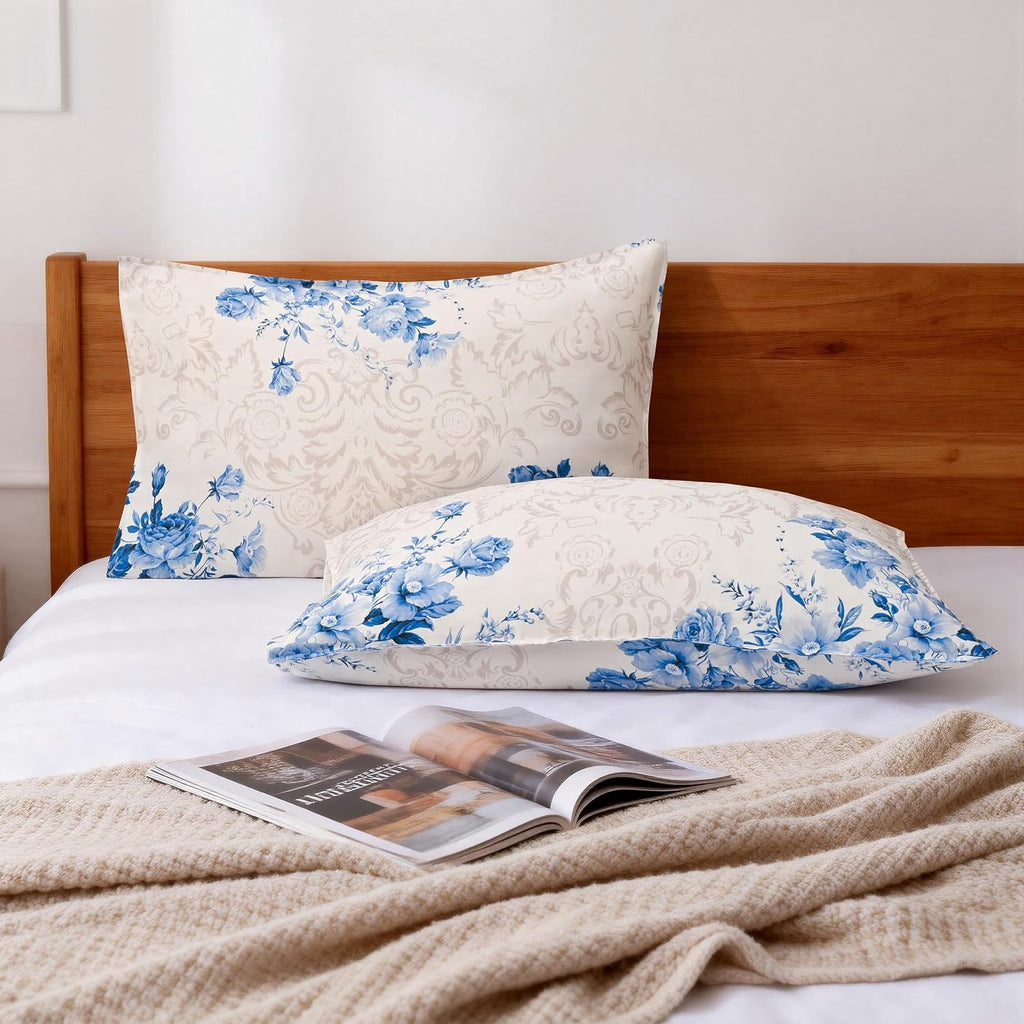Chuffed 100% French Linen Pillow Cases Porcelain Bloom Print, Farmhouse Floral Stone Washed Pillow Shams with Envelope Closure Soft Breatha…