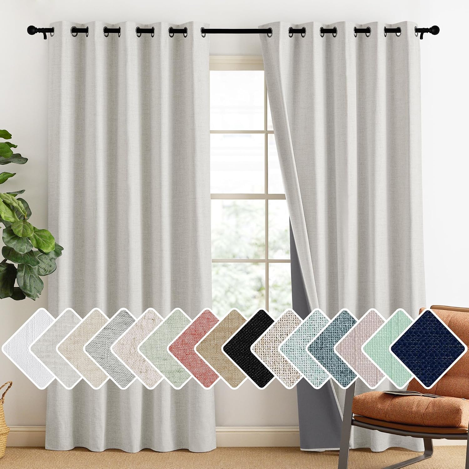 NICETOWN Snowbound Vintage Linen 100% Blackout Curtains for Living Room, Thermal Insulated Curtains 90" Long, Noise Reducing Window…