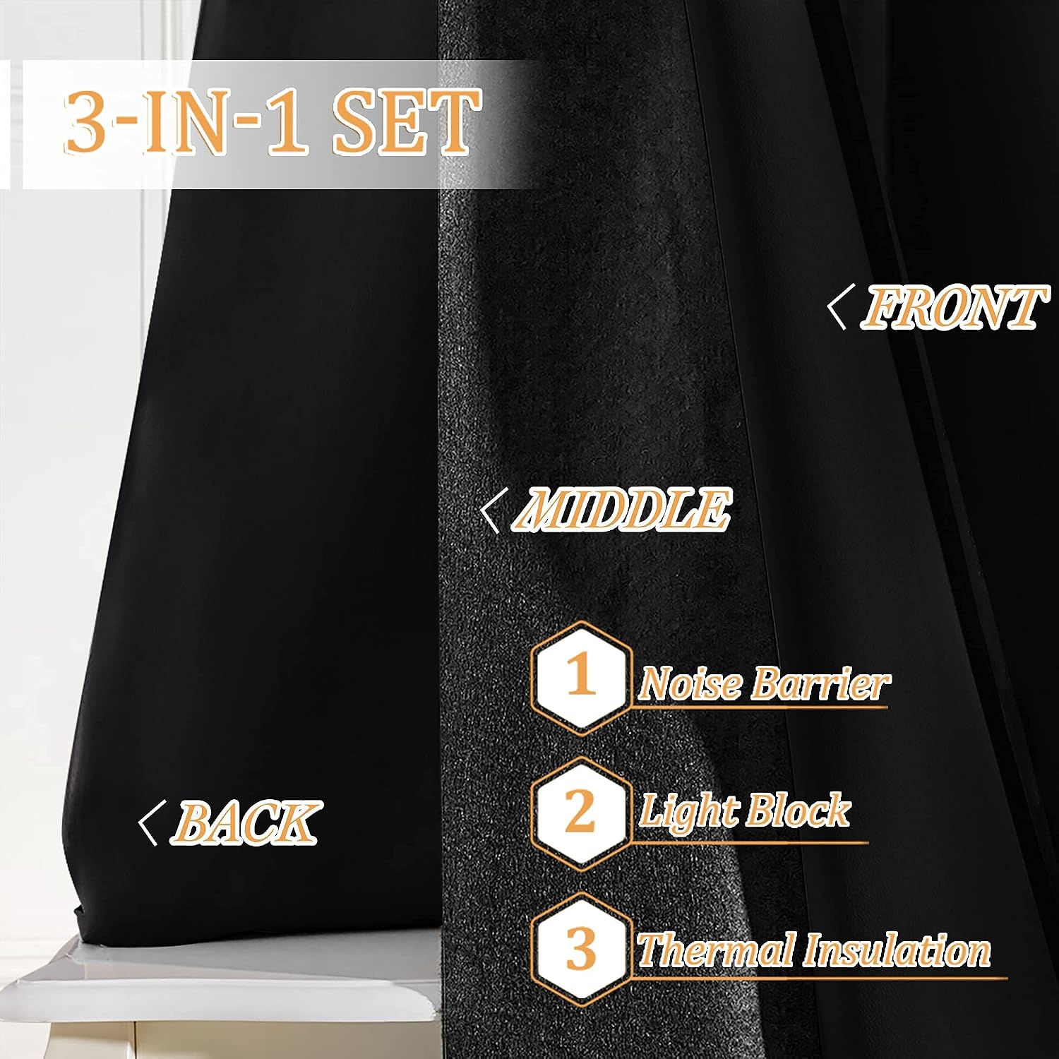 Rybhome RYB HOME Blackout Curtains with Felt Fabtic Liner for Sound Absorbing, 3 Layers Soundproof Thermal Insulated Energy Saving for Bedr…