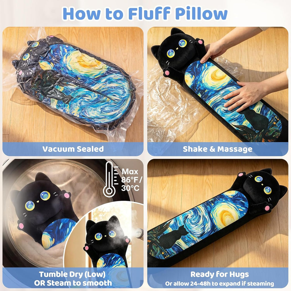 Mewaii Long Cat Plush 5 Sizes, 120% Extra Filling Giant Plushness Kids Body Pillow, Kawaii Cute Black Starry Cat Stuffed Animals…