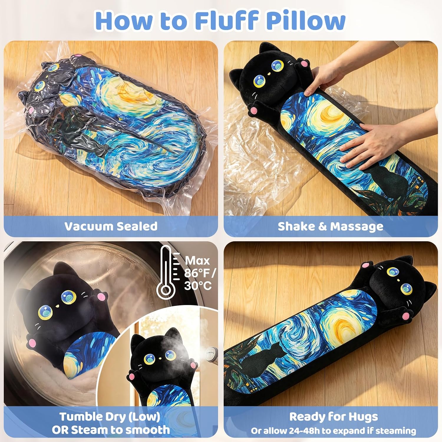 Mewaii Long Cat Plush 5 Sizes, 120% Extra Filling Giant Plushness Kids Body Pillow, Kawaii Cute Black Starry Cat Stuffed Animals…