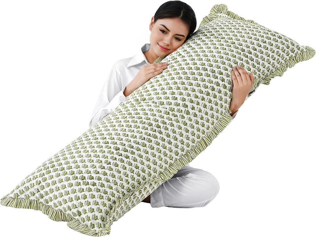 Cottonprintclub CPC Hand Block Print Emerald Green Ruffle Sham Pillow Cover 54" x 20" inch Hidden Zipper Decorative Pillowcase for Couch, B…