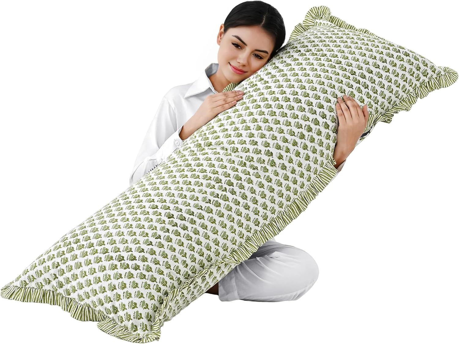 Cottonprintclub CPC Hand Block Print Emerald Green Ruffle Sham Pillow Cover 54" x 20" inch Hidden Zipper Decorative Pillowcase for Couch, B…