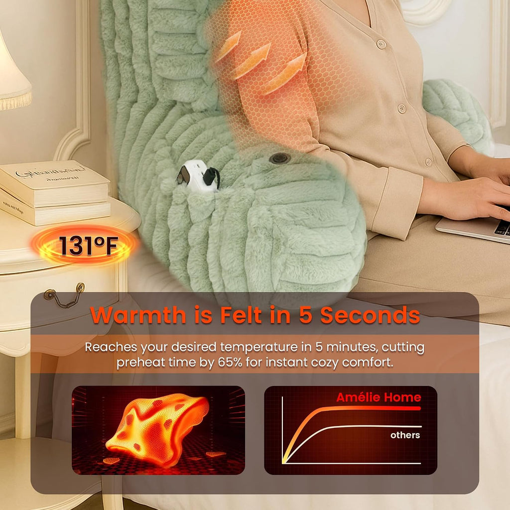 Amélie Home Heated Faux Fur Reading Pillow 3 Temperature Backrest for Sitting in Bed Support Cushion, USB-Powered(No Power Bank Included)…