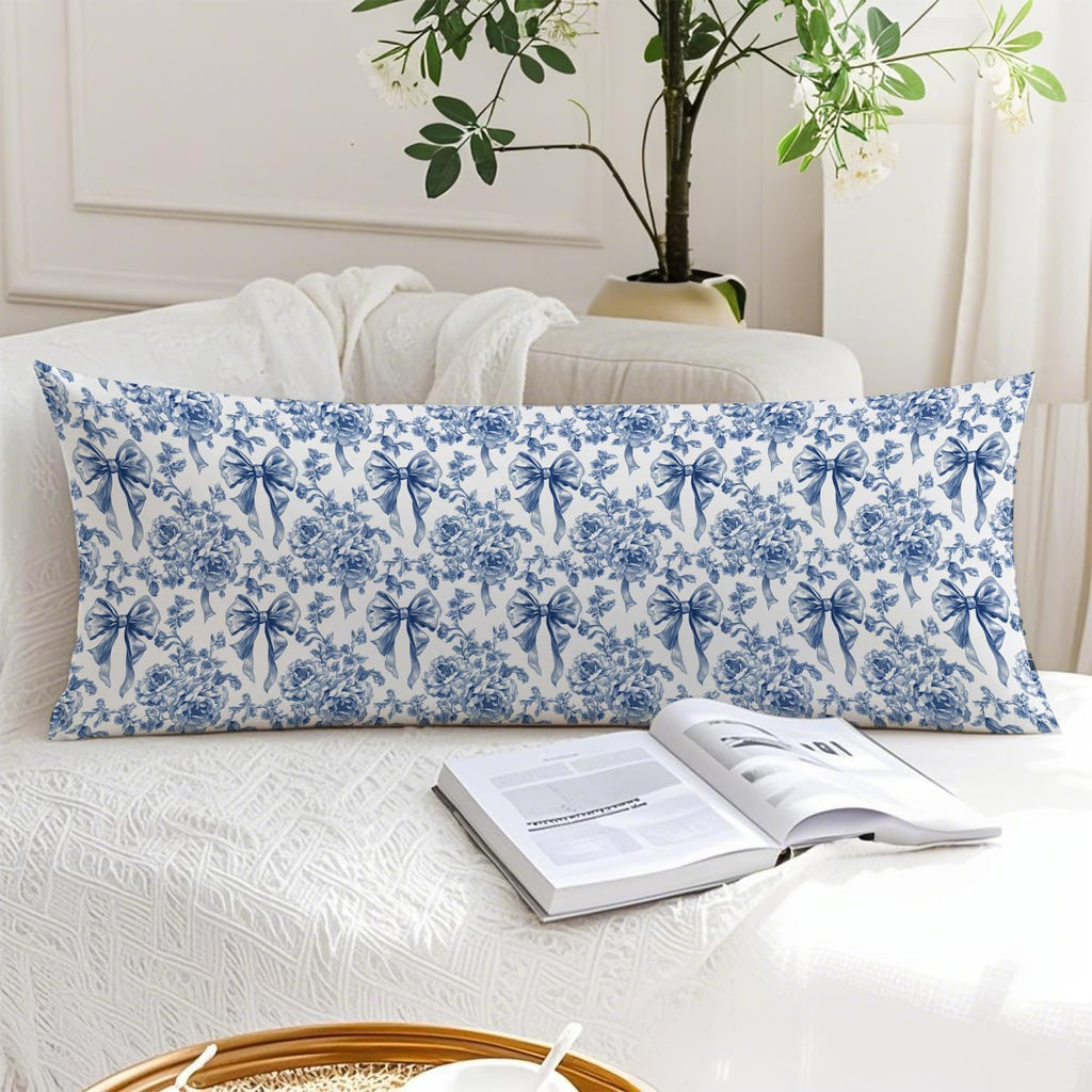 Coquette Blue Bow Chinoiserie Floral Bow 20x54 Body Pillow Cover, Blue and White Home Decor, Grandmillennial Flower Decorative Long Body…