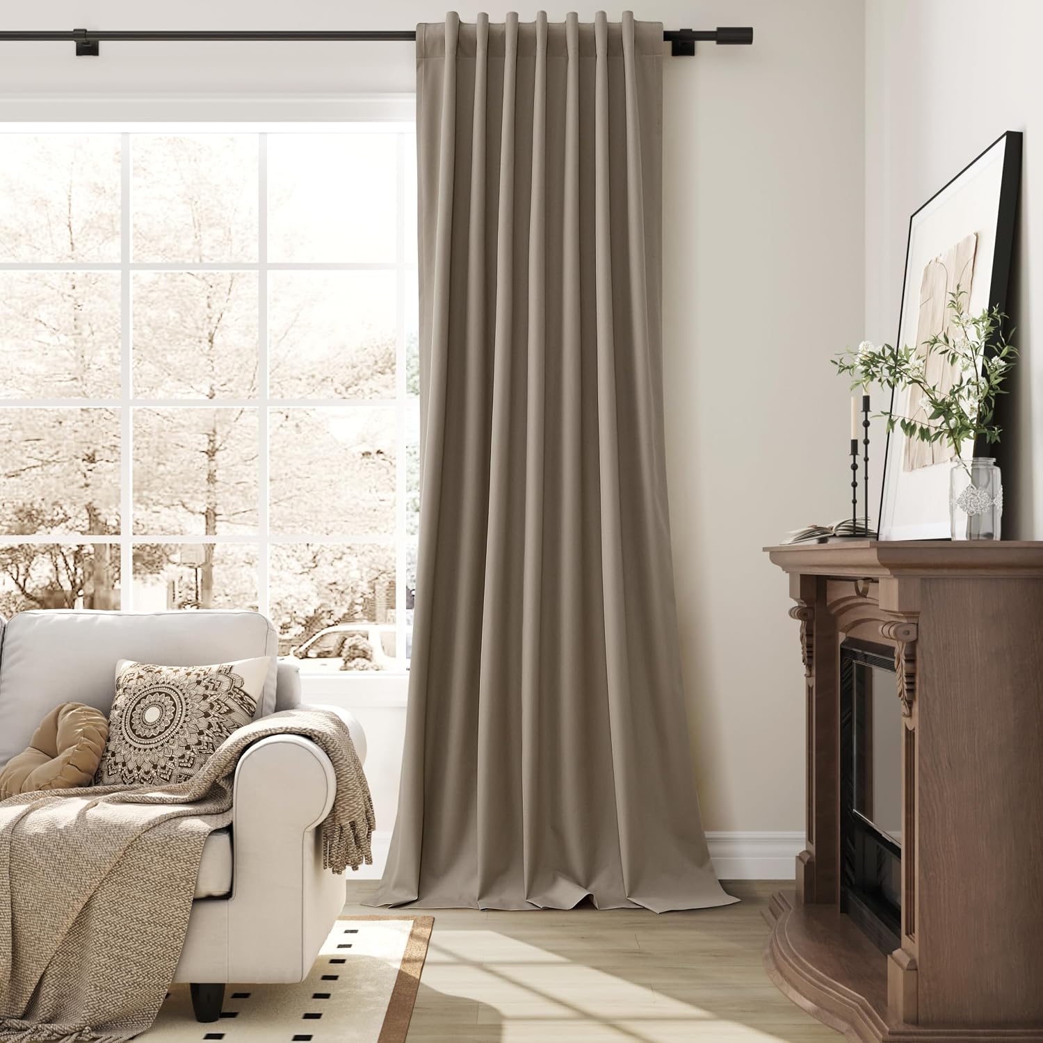 Guken Light Camel Linen 100% Blackout Curtains 108 Inches Long 2 Panels for Patio Curtains for Sliding Door Farmhouse Light Blocking Therma…