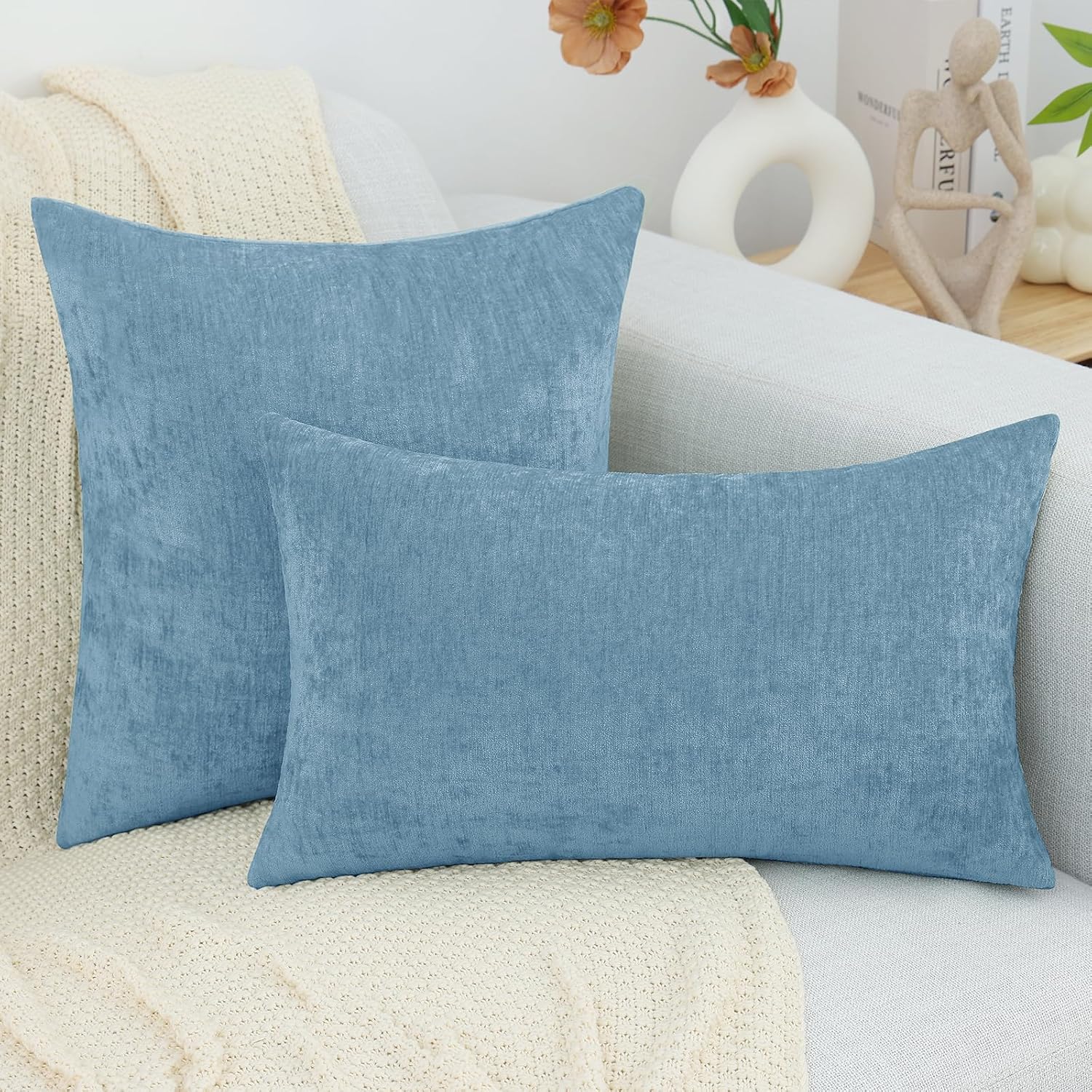 decorUhome Chenille Grey Blue Throw Pillow Covers 24x24 Inch Set of 2, Decorative Soft Couch Pillow Covers Solid Dyed Accent Farmhouse Neut…