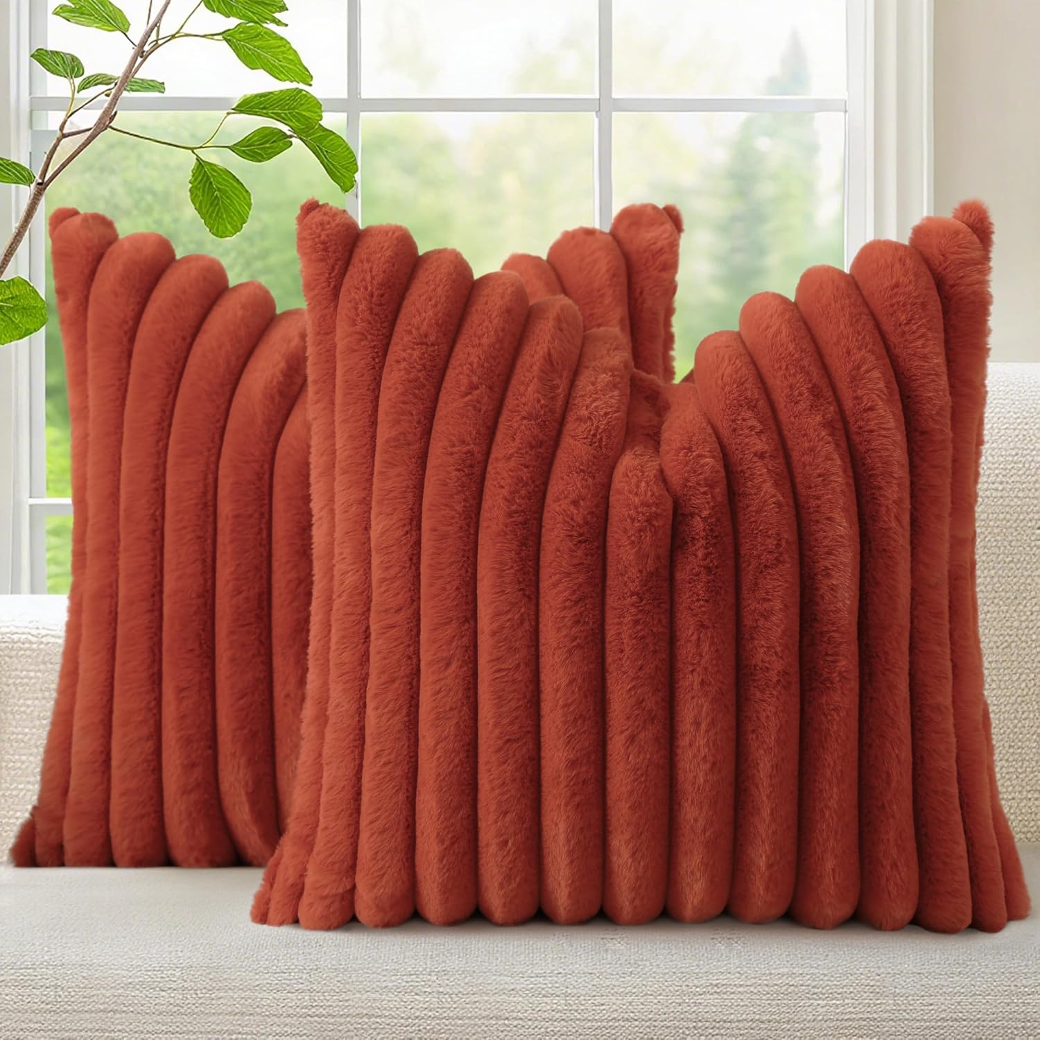 decorUhome Cozy Faux Fur Throw Pillow Covers 22x22 Set of 2 Decorative Soft Plush Striped Modern Farmhouse Boho Couch Euro Sham Pillow Case…