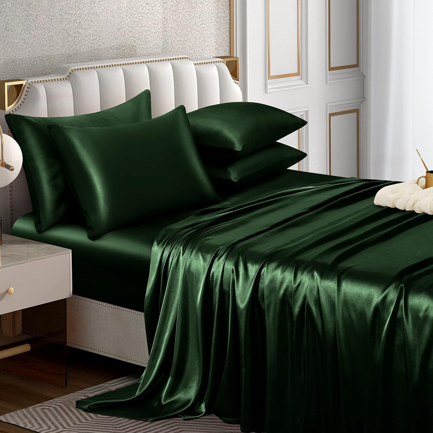 Horbaunal 4 Piece Satin Sheet Set Twin Size Luxury Silky & Soft Emerald Green Satin Twin Bed Sheet Set with 16" Deep Pocket, 1 Fitted Sheet…
