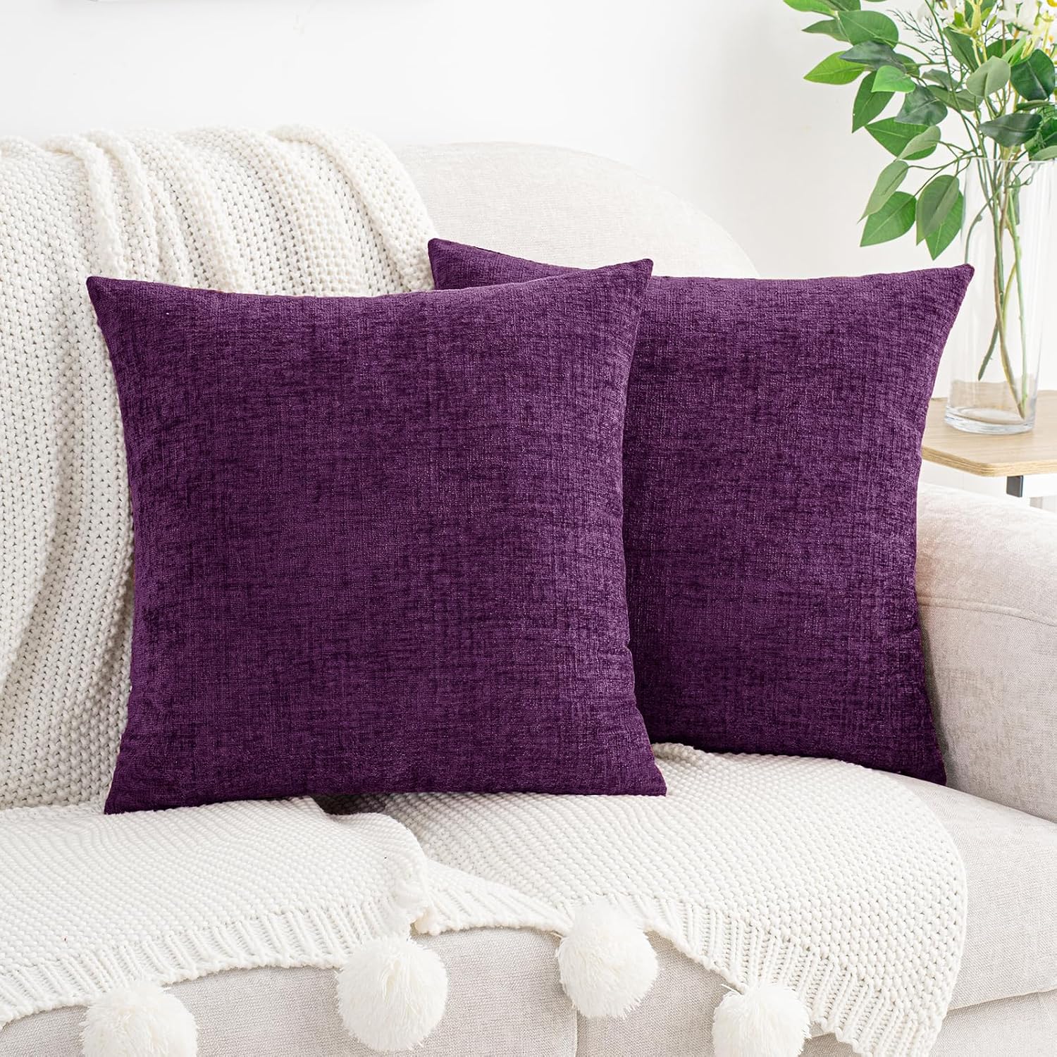 Hwy50 HWY 50 Purple Couch Pillow Covers 22x22 Inch Pack of 2, Soft Chenille Decorative Throw Pillow Cases Farmhouse for Sofa Living Room Be…