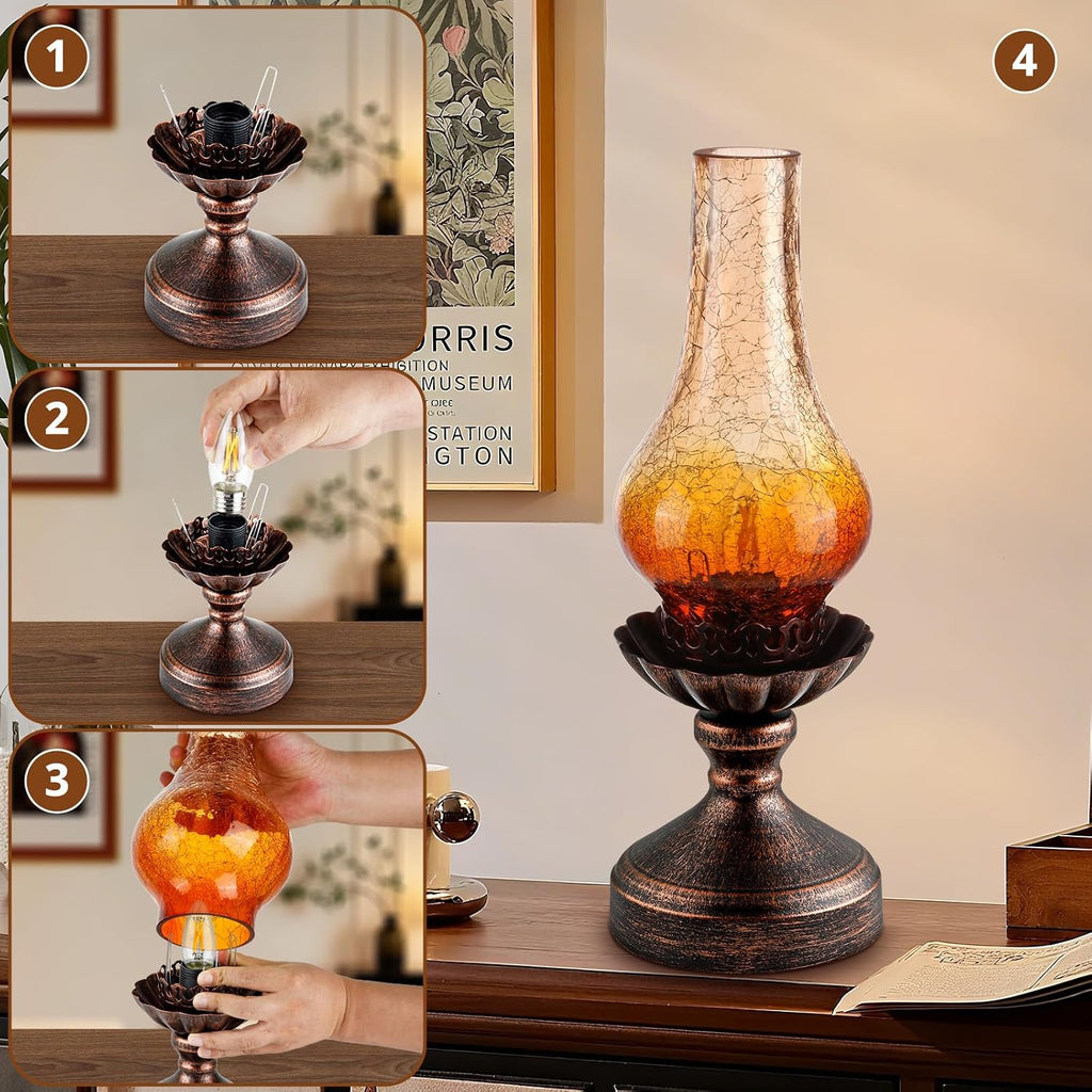 Vintage Table Lamp with Amber Gradient Crackle Glass Shade, Touch Control & 3-Way Dimmable Rustic Retro Farmhouse Bedside Lamp for…