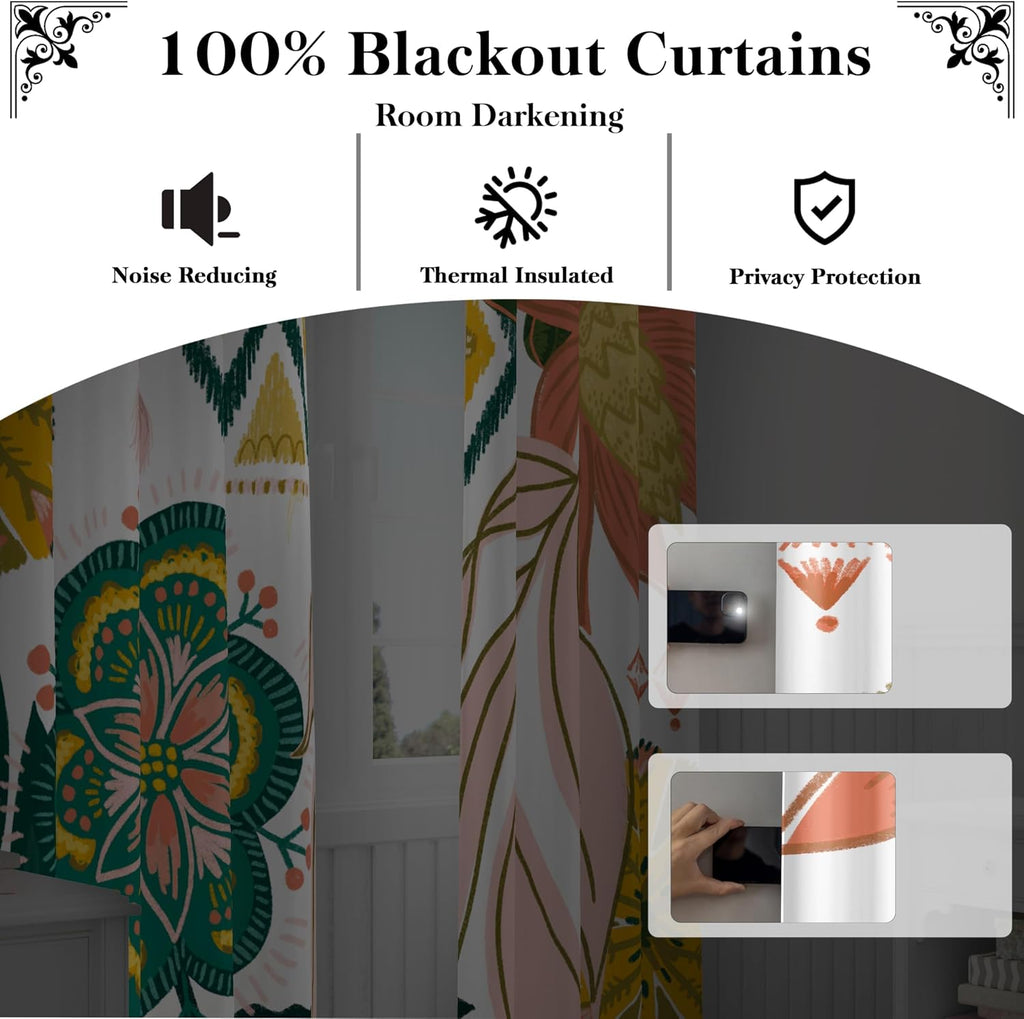 Tyrot Boho Floral 100% Blackout Curtains for Living Room 72 inch Long 2 Panels Mid Century Botanical Black Out Curtains for Bedroom…