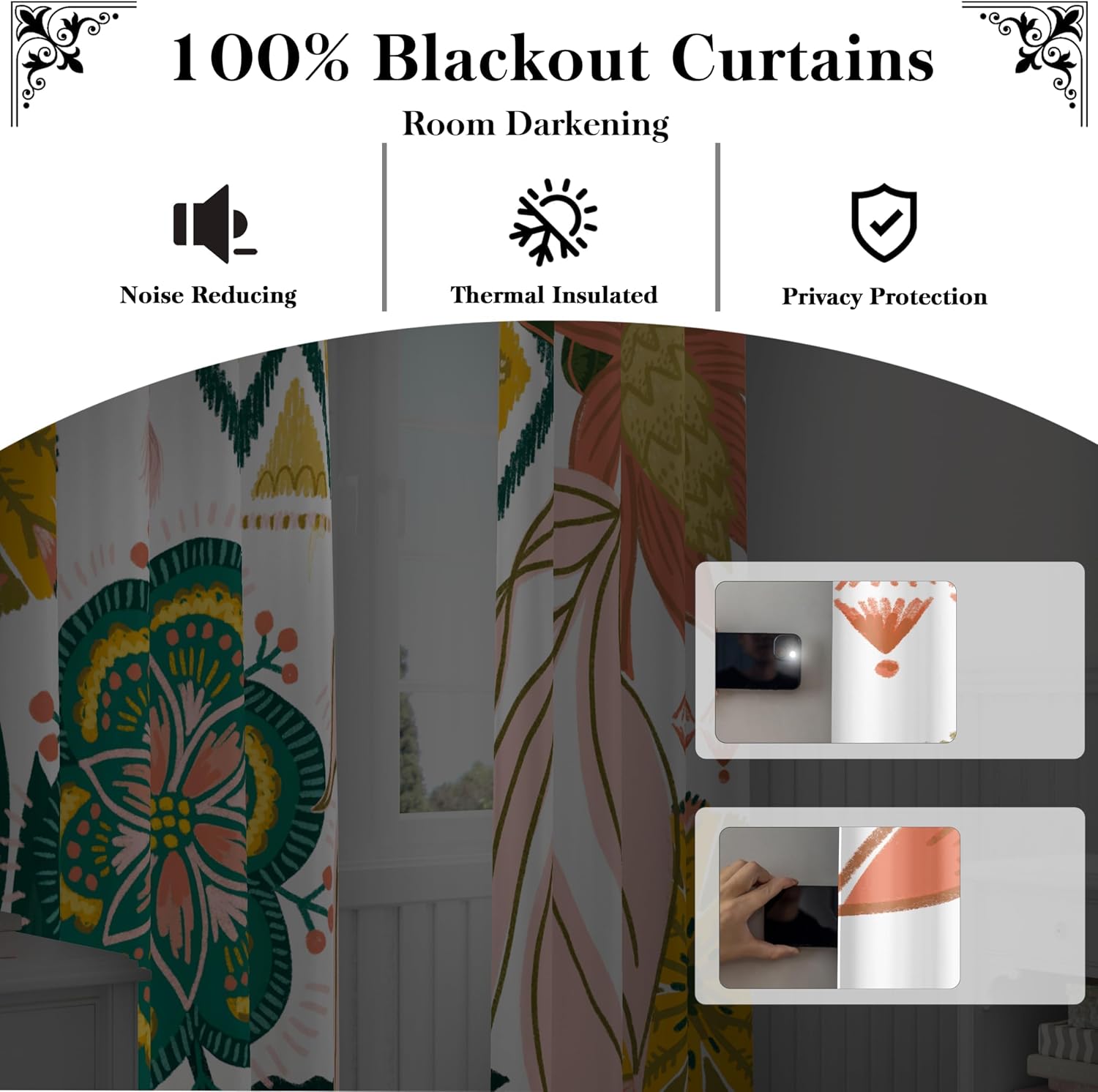 Tyrot Boho Floral 100% Blackout Curtains for Living Room 96 inch Long 2 Panels Mid Century Botanical Black Out Curtains for Bedroom…