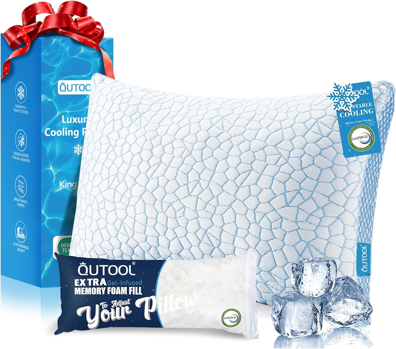 Qutool Enhanced Cooling Pillows for Sleeping, CertiPUR-US Shredded Memory Foam Pillows King Size Set of 1 for Hot Sleeper, Adjustable Bed P…