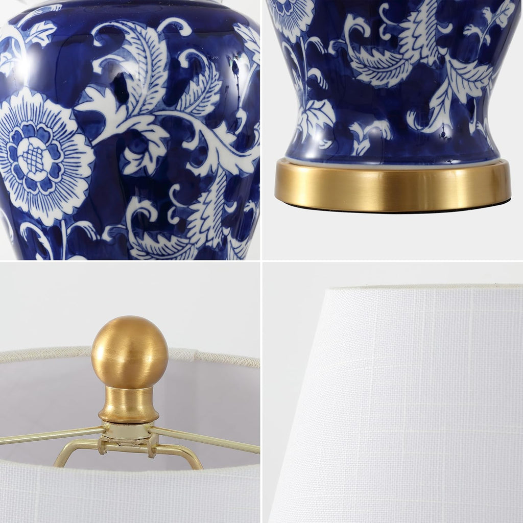 JONATHAN Y 22" Navy/White Ceramic Table Lamp, French Country Chinoiserie Ginger Jar LED Bedside Lamp for Living Room Bedroom, White Linen…