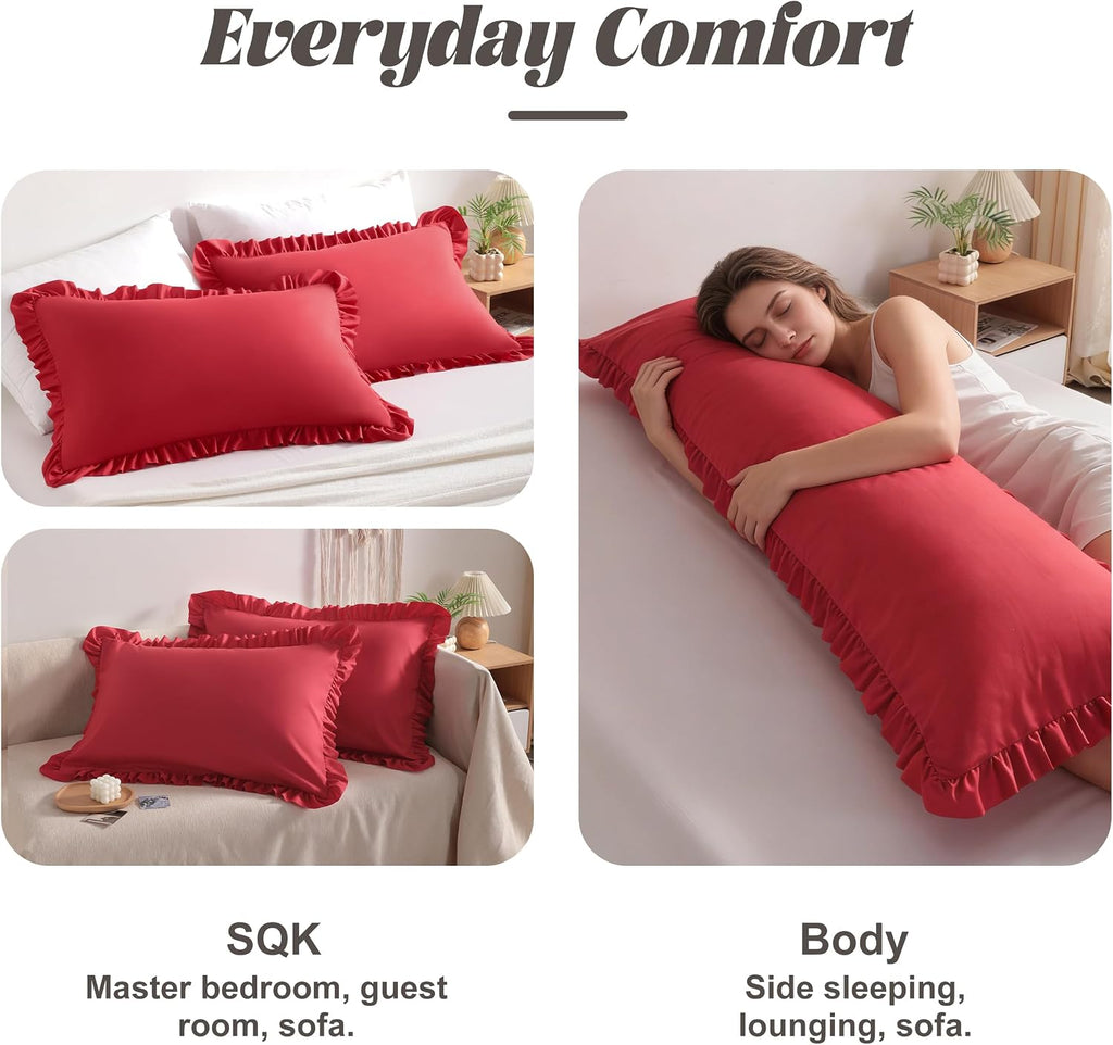 Bedsum Ruffled Pillow Shams King 20x36 Set of 2, Brushed Microfiber Pillowcases with Envelope Closure, Soft Wrinkle-Resistant, Red Red