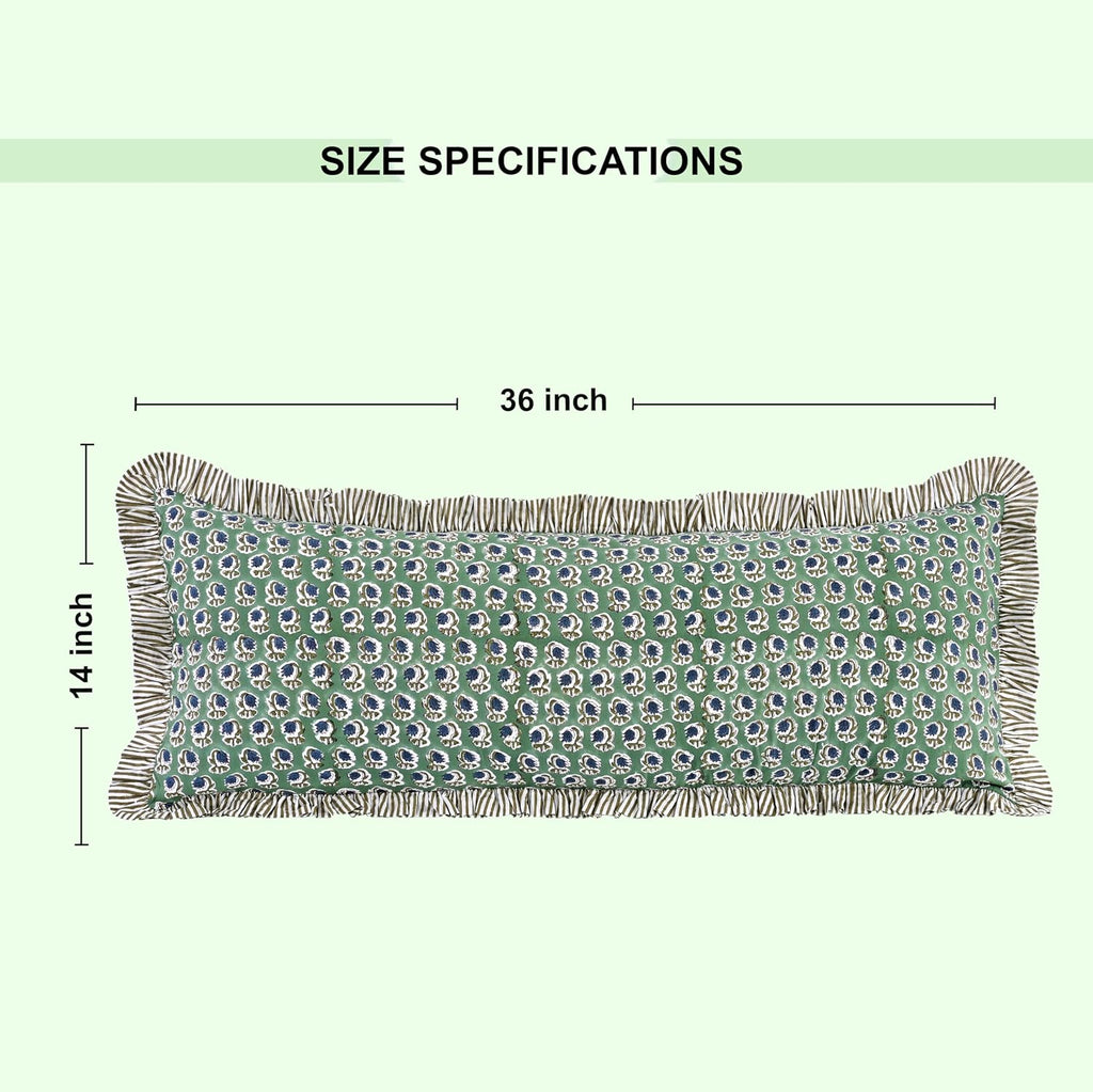 Ridhi Block Print Basil Green 36"x14" Set 1-100% Cotton Ruffle Lumbar Sham Cover Boho Floral Pillowcase, Farmhouse Cottagecore Bedding…