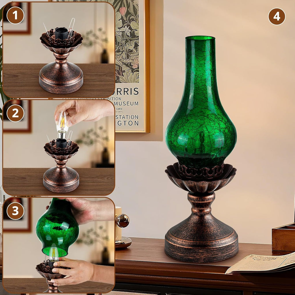 Vintage Table Lamp with Green Crackle Glass Shade, Touch Control & 3-Way Dimmable Rustic Retro Farmhouse Bedside Lamp for Bedroom, Living…