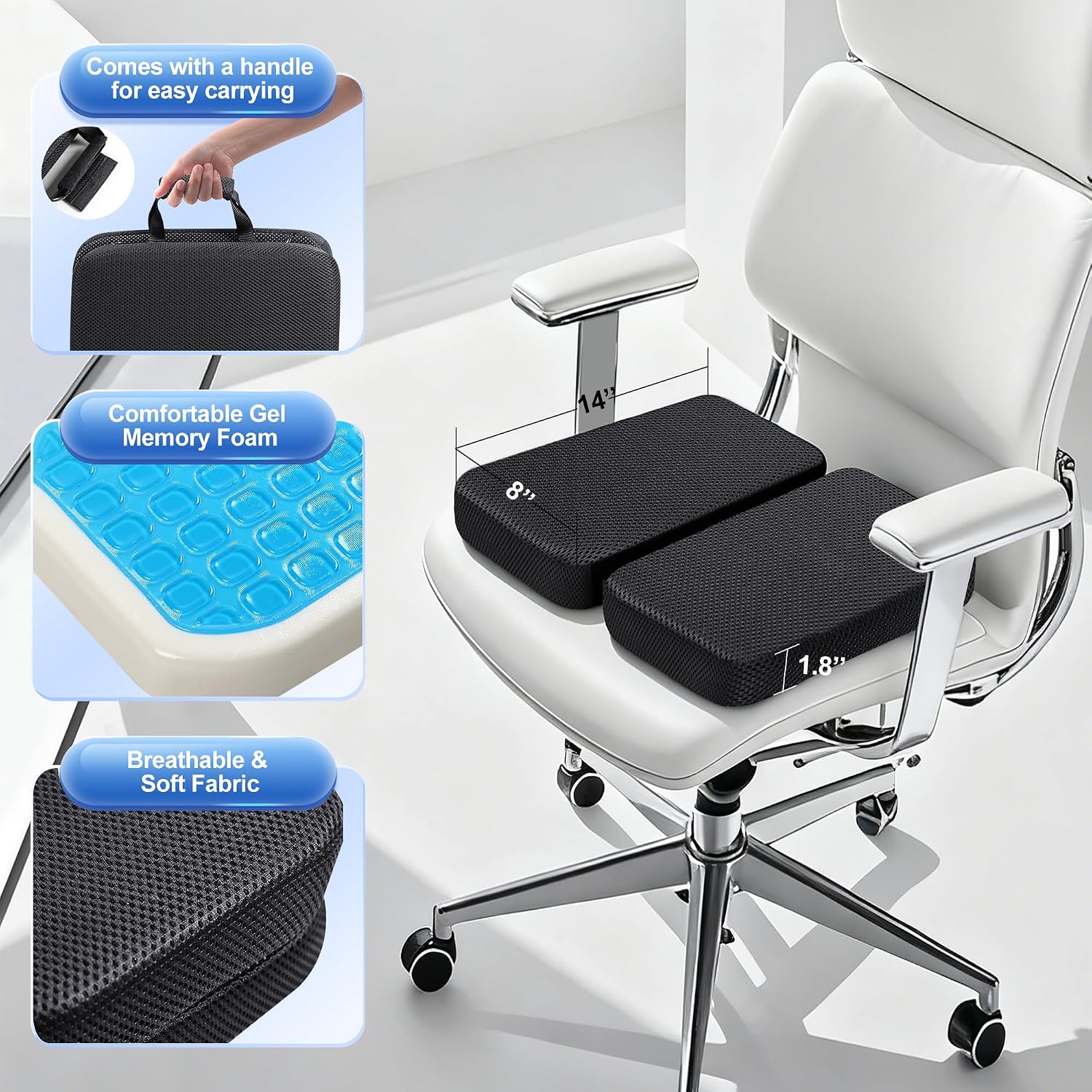 Gel Memory Foam Seat Cushion with Washable Cover Non-Slip Thick Chair Cushion with Portable Handle & Storage Pocket Adjustable Chair Pad…