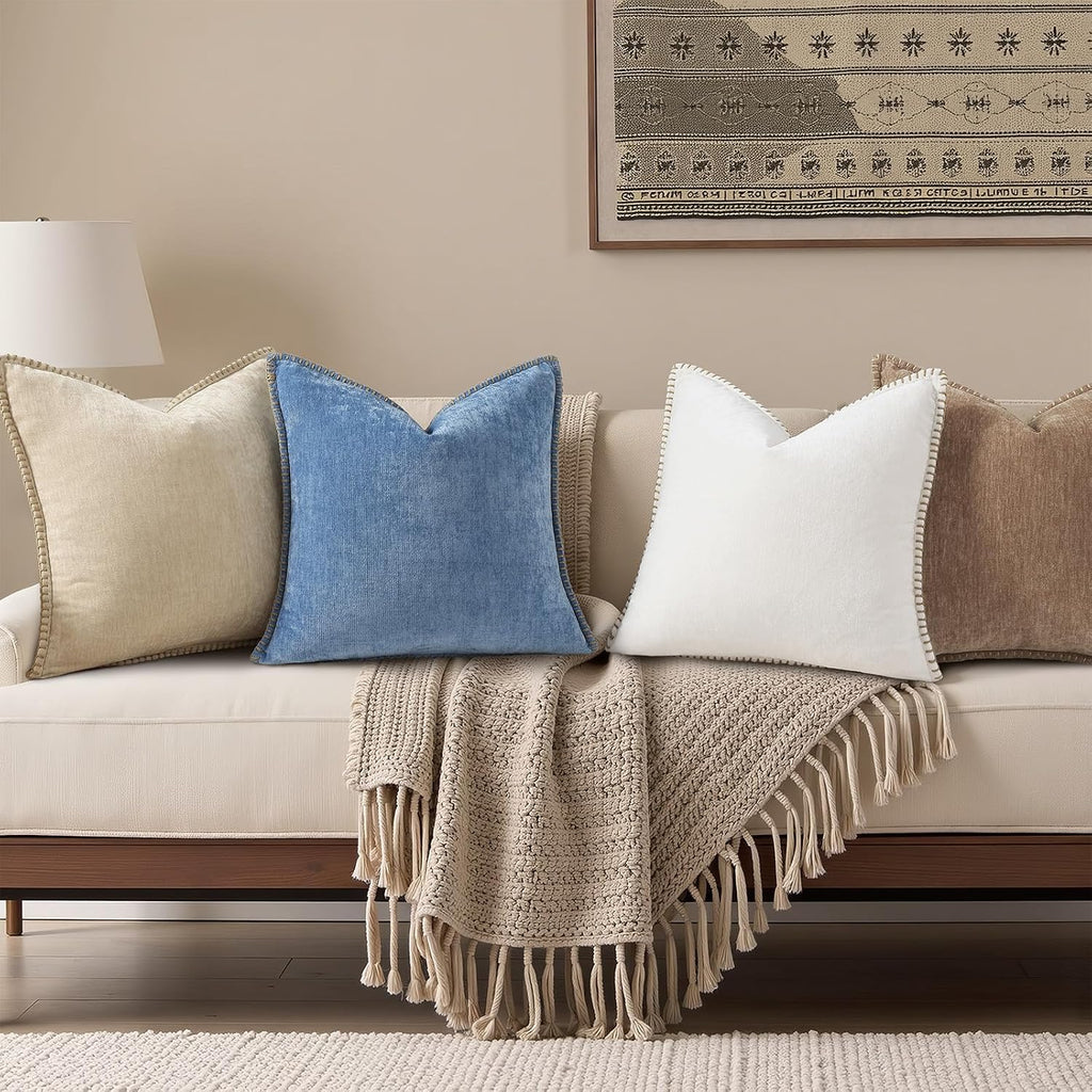 decorUhome Chenille Soft Cozy Throw Pillow Covers 16x16 Set of 2, Modern Farmhouse Boho Velvet Decorative Pillow Cases with Stitched Edge f…
