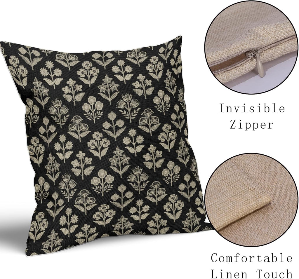 Black Floral Pillow Covers 22x22 Inch Set of 2, Vintage Flower Block Print Decorative Throw Pillowcases Outdoor Farmhouse Cushion Covers…