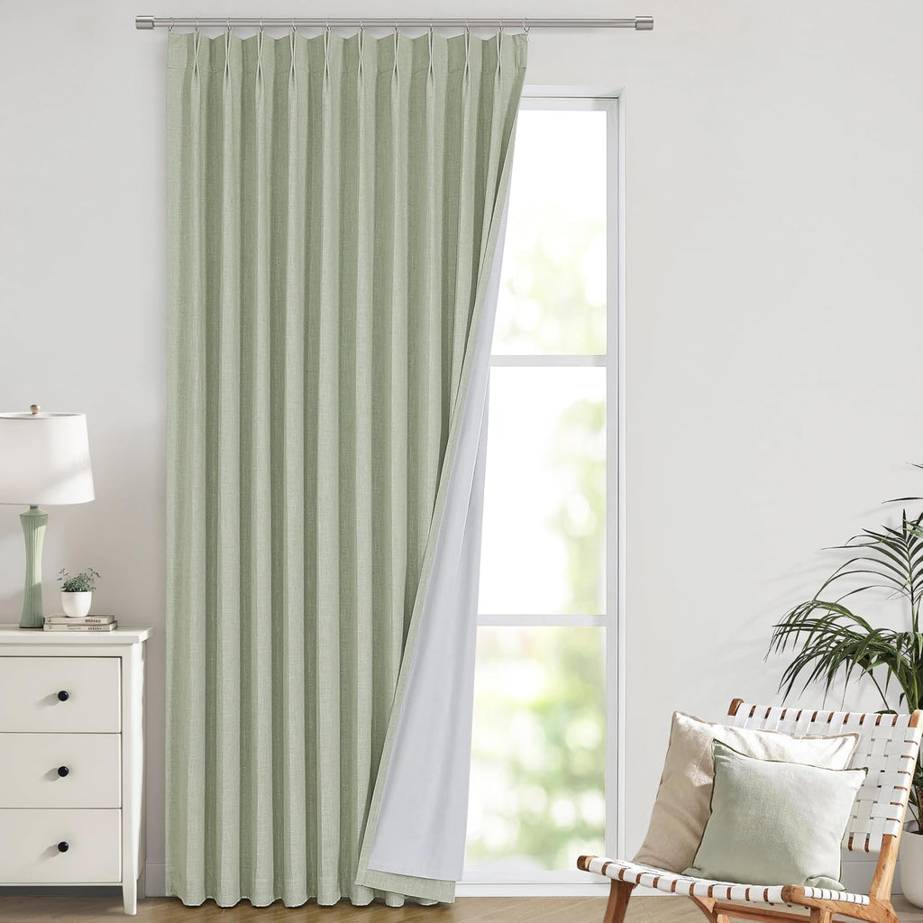 VisionHome Vision Home Soft Green Pinch Pleated Full Blackout Curtains Linen Blended Room Darkening Window Curtains 102 inch for Living Roo…