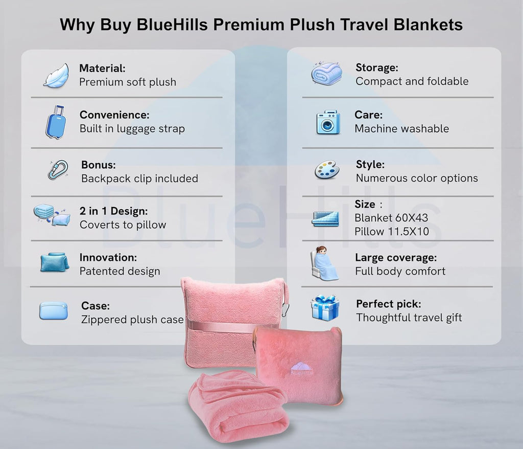BlueHills Premium Soft Travel Blanket Pillow Airplane Blanket in Soft Bag case with Hand Luggage Belt and Carabiner Compact Pack Large…