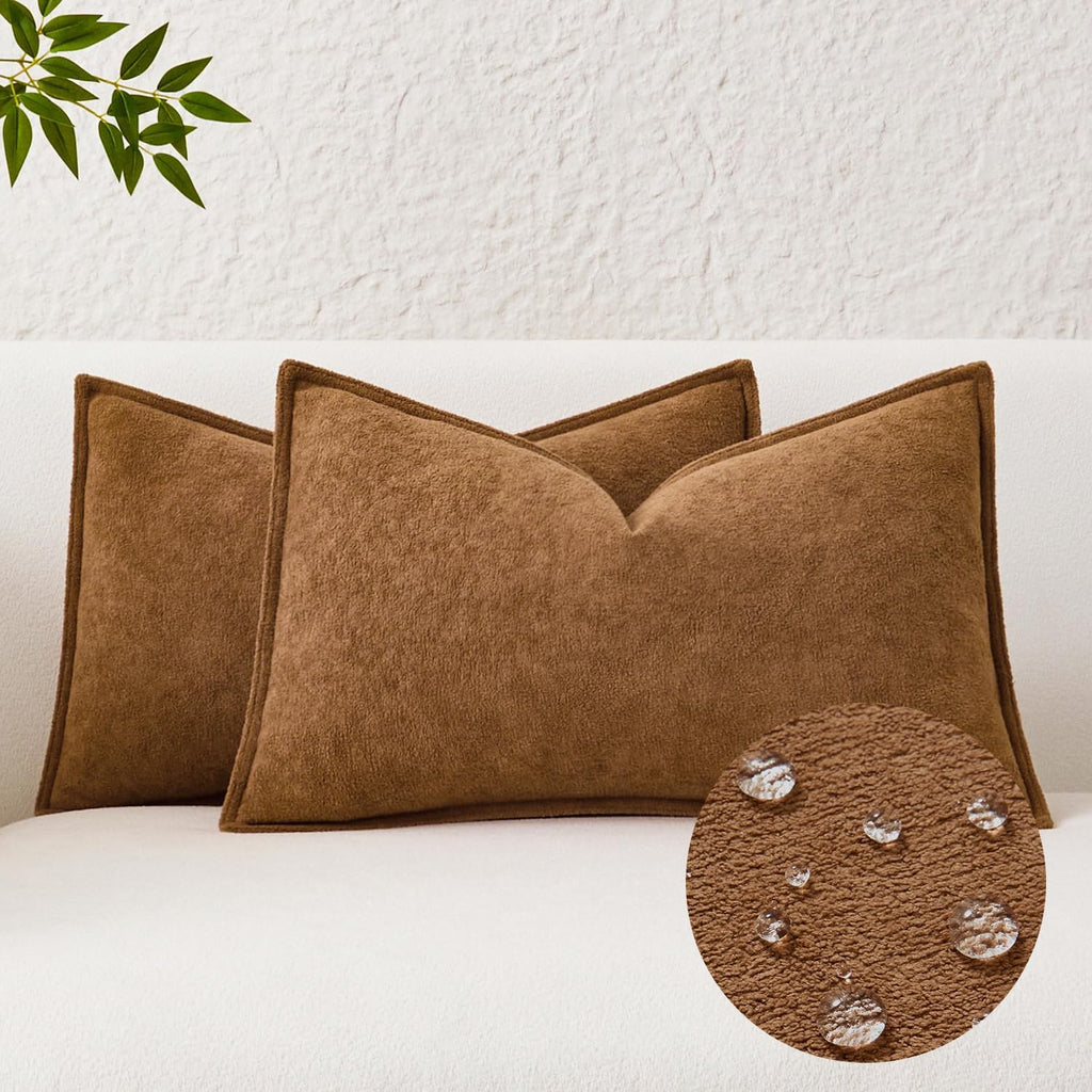 KevinTextile Kevin Textile Waterproof Decorative Pillow Covers Brown 12x20 Inch Pack of 2 Soft Boucle Textured Lumbars Cushions Elegant Acc…