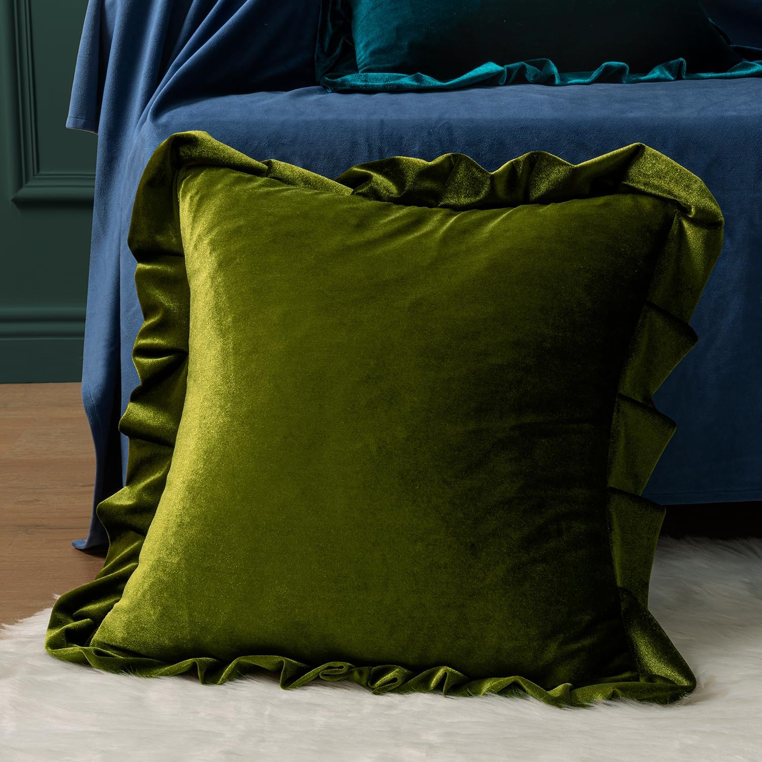 MIULEE Velvet Ruffle Throw Pillow Covers Soft Luxurious Olive Green Pack of 2 20x20 Inch Square Cushions Vintage Gothic Spring Decorative…