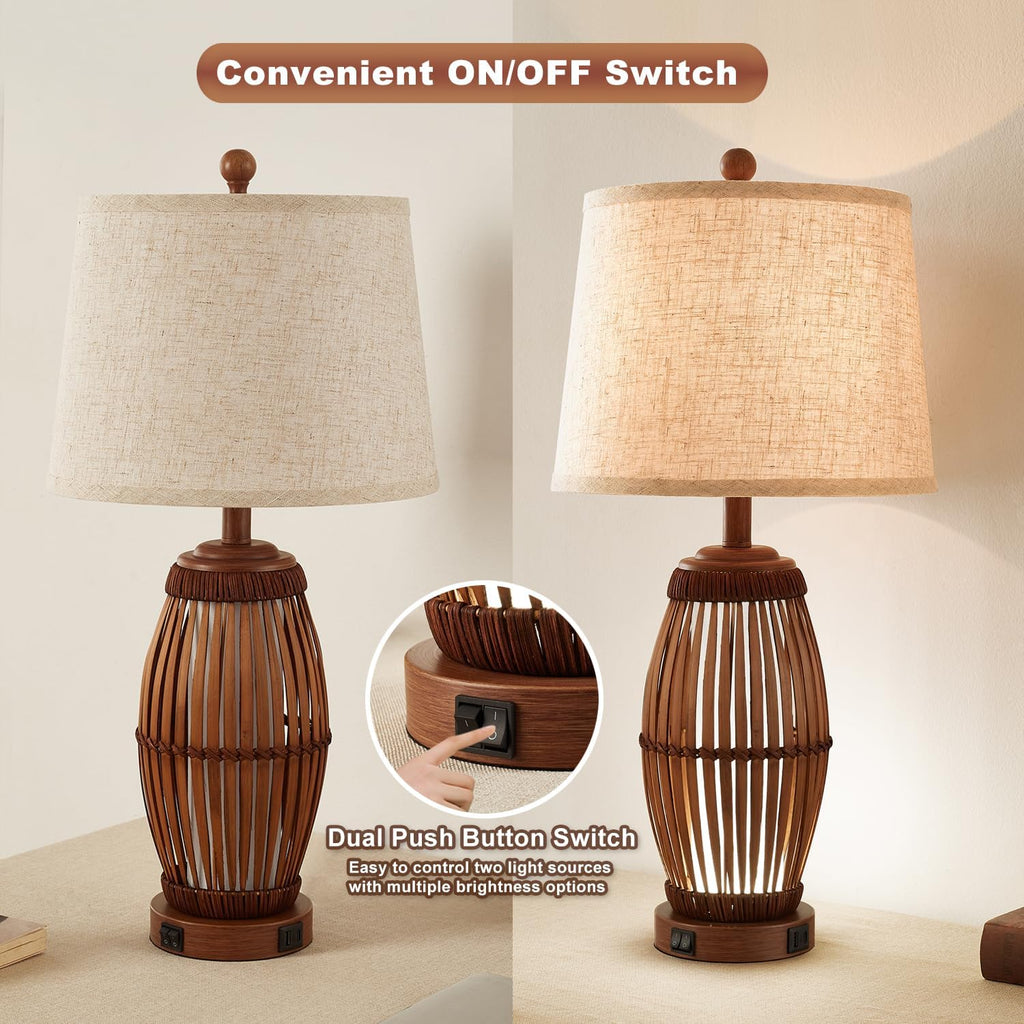 27” Vintage Bamboo Woven Table Lamps Set of 2, Farmhouse Rattan Bedside Lamps for Bedroom Livingroom Office Study with Nightlight and USB…