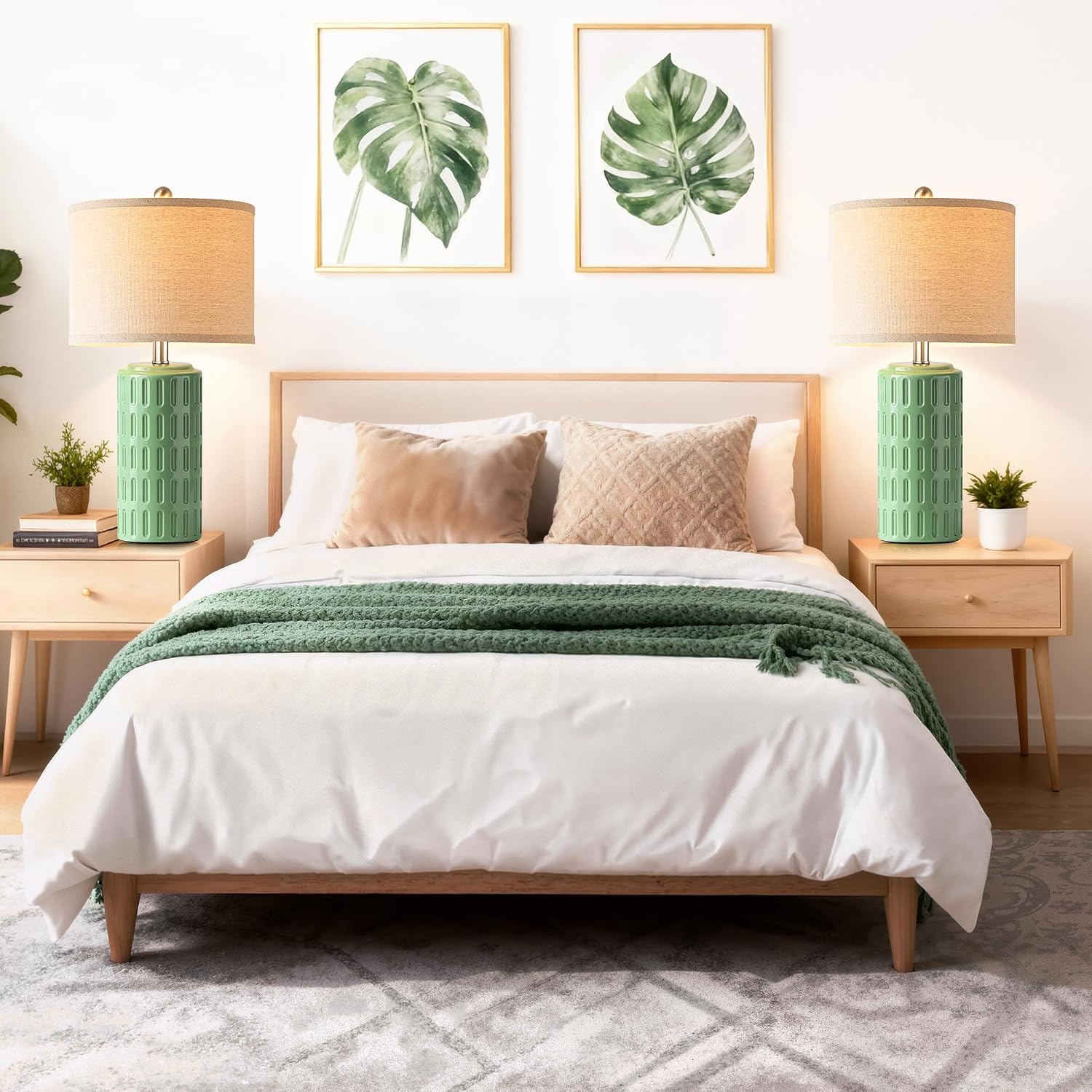 PARTPHONER 23" Farmhouse Modern Ceramic Table Lamp Set of 2 - Sage Green Bedside Lamps for Bedroom & Living Room, Nightstand, Desk, End…