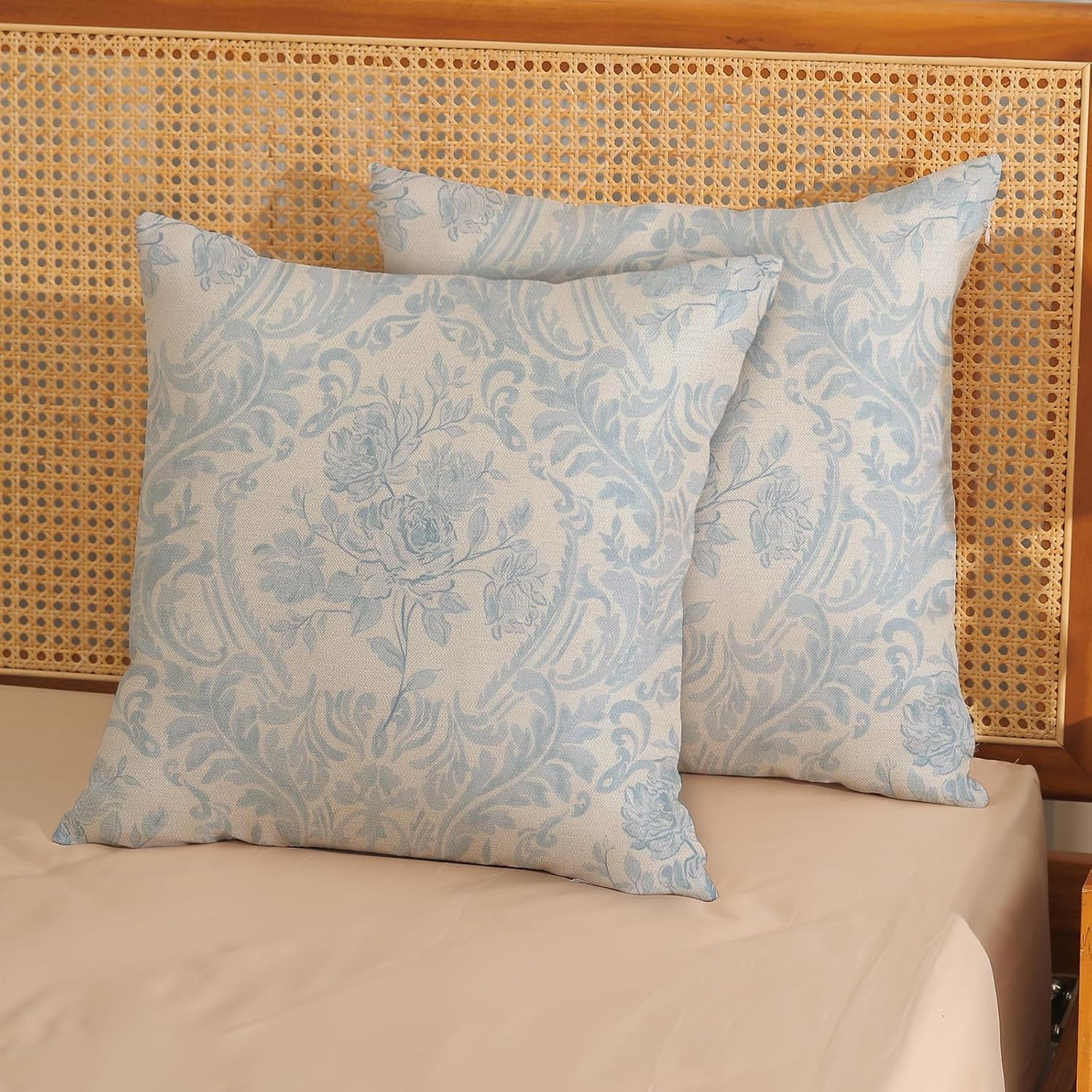 Baby Blue Pillow Covers 18x18 Inch Set of 2 Block Print Floral Throw Pillows Vintage Flower Decorative Boho Outdoor Pillow Cases…