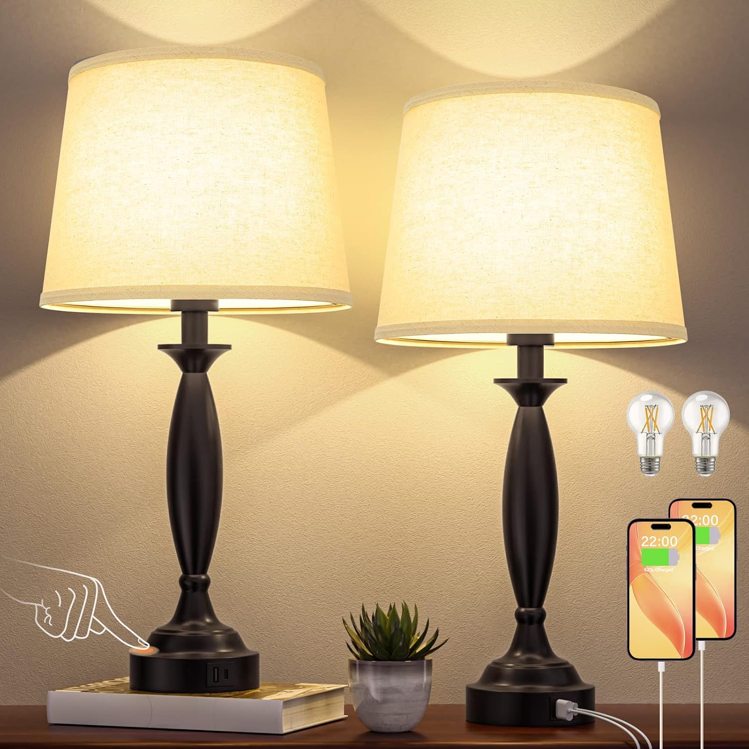 Seealle Beige Lamps for Bedrooms Set of 2 - Touch Control Bedside Lamp with USB C+A, 3 Way Dimmable Nightstand Lamps with USB Port, Table…