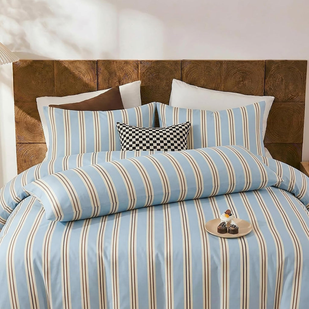 Merryword Queen Size Pillowcases, 100% Cotton Pillow Cases, Light Blue Striped Pillowcases, Soft Breathable Ribbon Stripe Pillow Covers, Se…