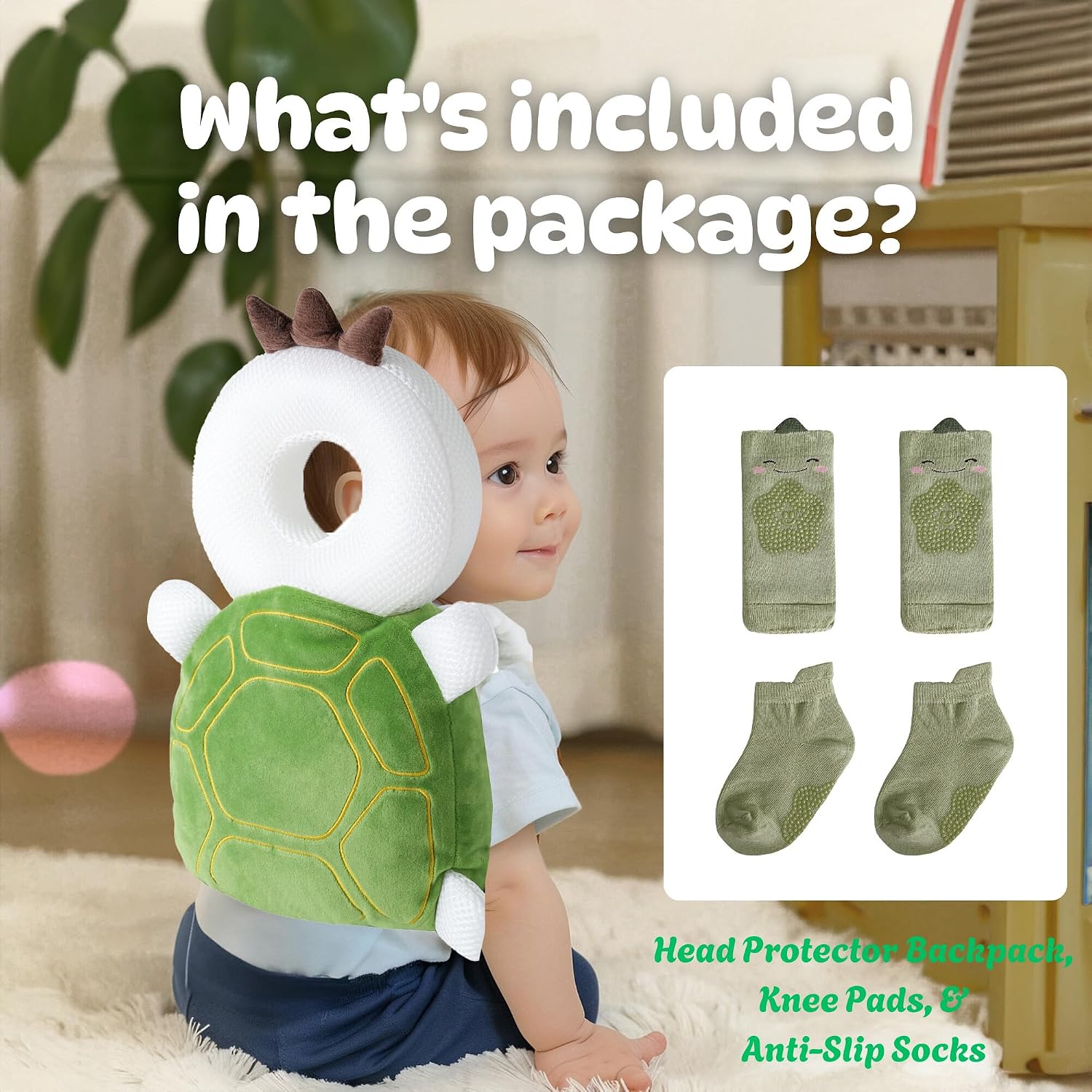 Baby Head Protector Backpack (9 to 24 Months) - Cute Head Guard Pillow with Knee Pads and Socks, Baby Shower Gift, Baby Safety Set…