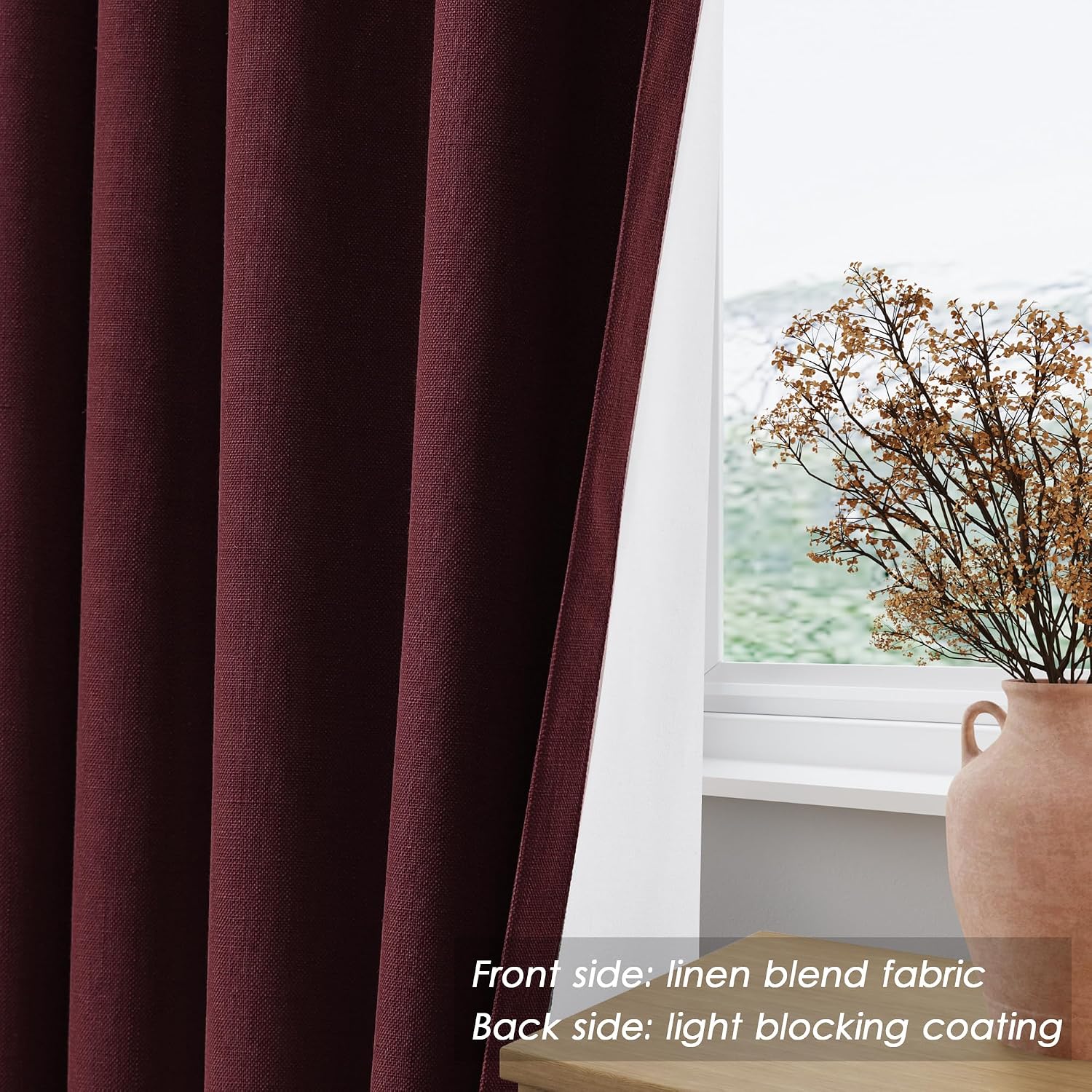 Nanspring Burgundy 100% Blackout Linen Curtains for Bedroom 90 Inches Long Back Tab Thermal Insulated Vintage Rustic Decor Black Out Curtai…