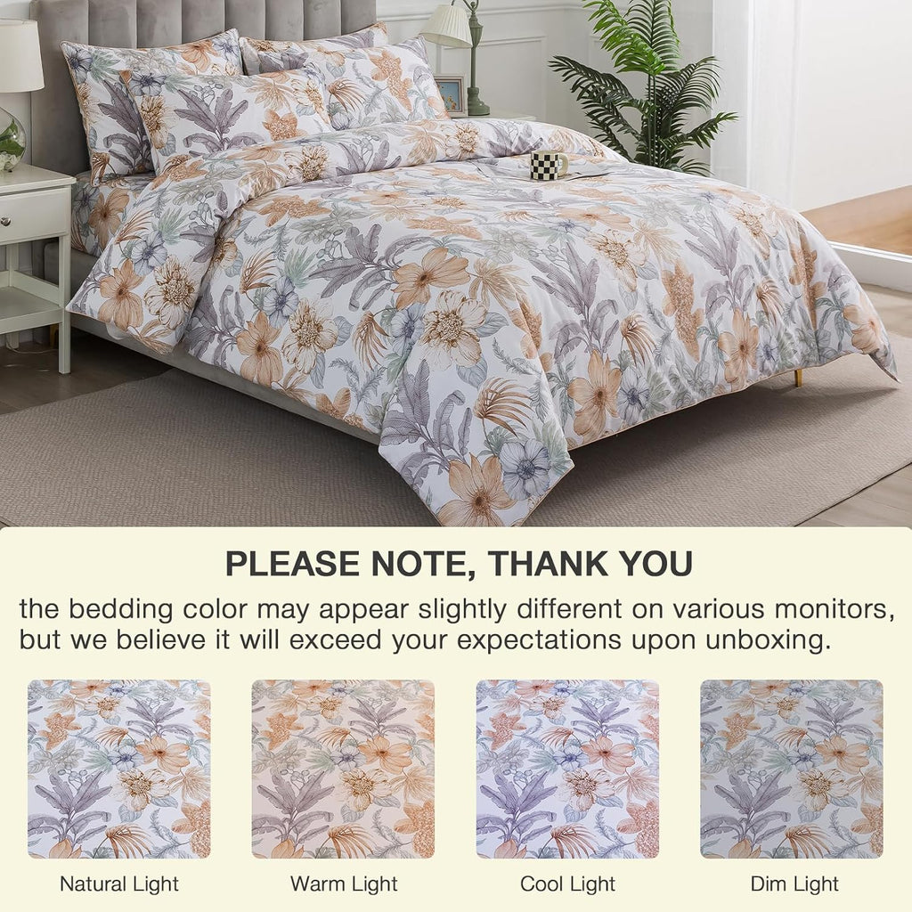 Puralens Tropical Floral Queen Size Duvet Cover Set 100% Cotton Percale, Palm Leaves Reversible Zipper White Duvet Covers, Soft Crisp Moder…