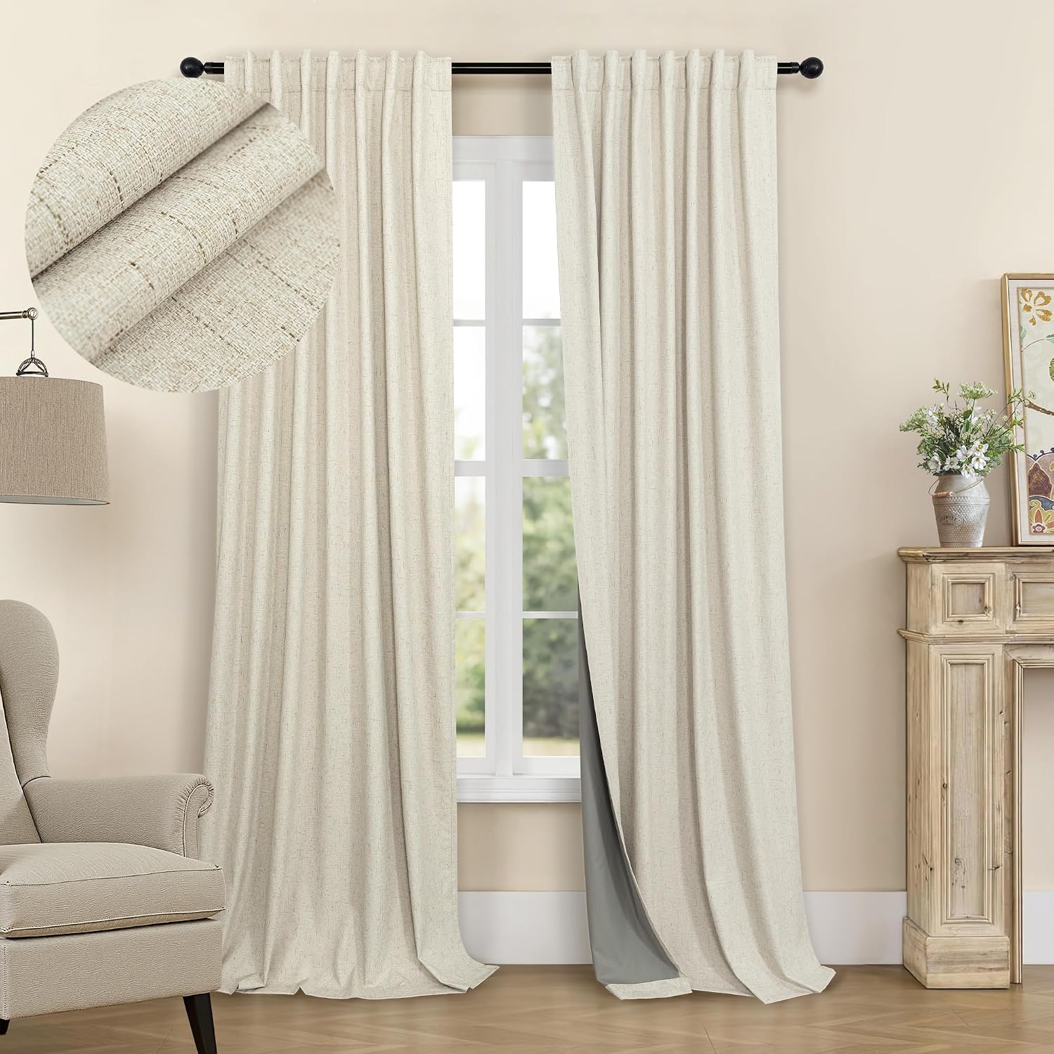 Pitalk 132 Inch Extra Long Living Room Curtains for Large Window Darkening Blackout Linen Drape Back Tab Pleated Black Out Floor to Ceiling…